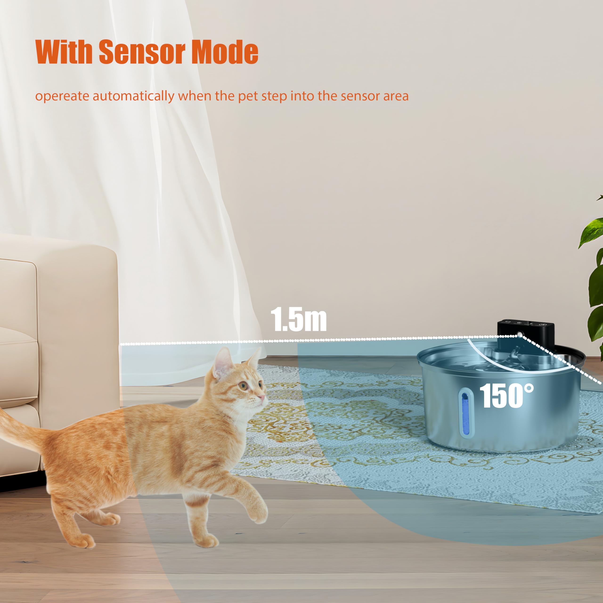 Wireless Cat Water Fountain,Stainless Steel Pet Fountain Battery Operated,3.2L Cordless Automatic Dog Water Dispenser, Quiet Ind