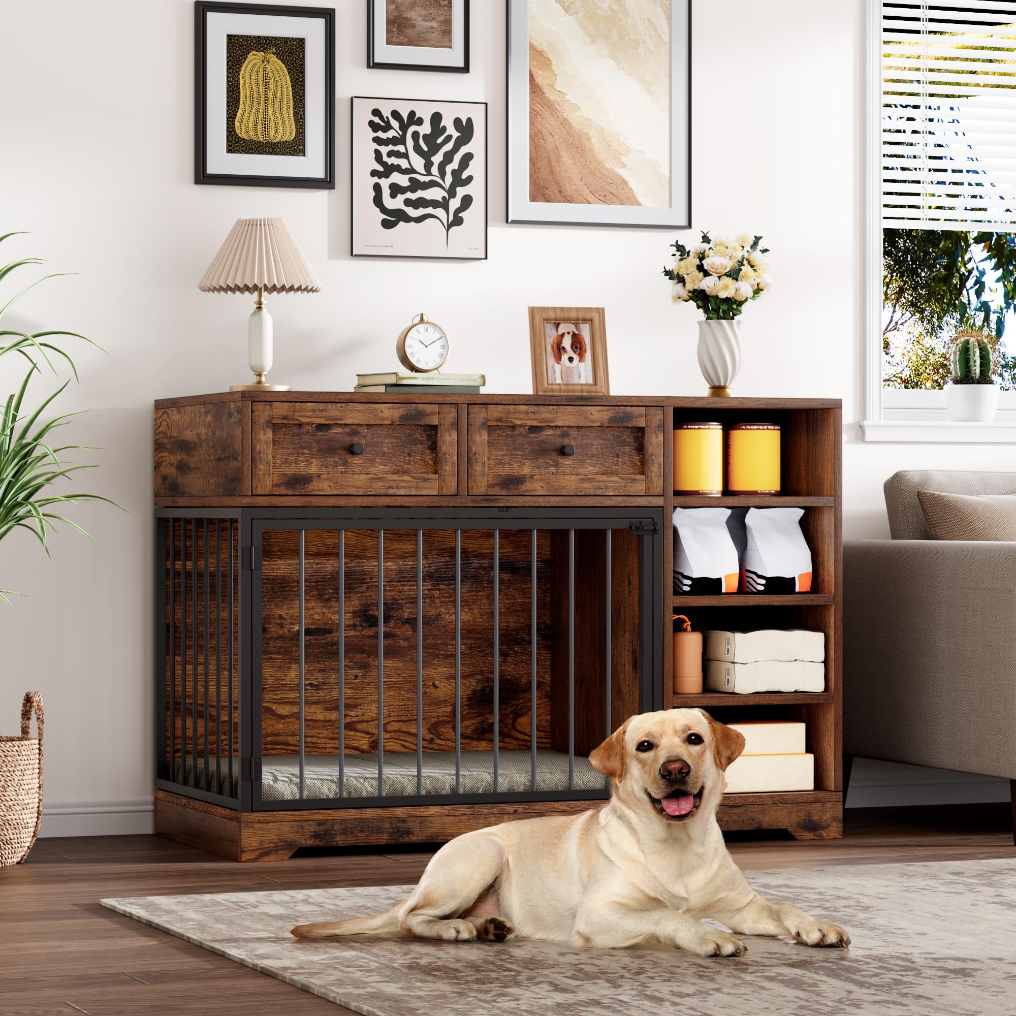 IDEALHOUSE 47    Large Dog Crate, Dog Kennel Indoor with 2 Drawers and 4 Shelves, Dog Crate Furniture TV Stand, Wooden Dog Cage