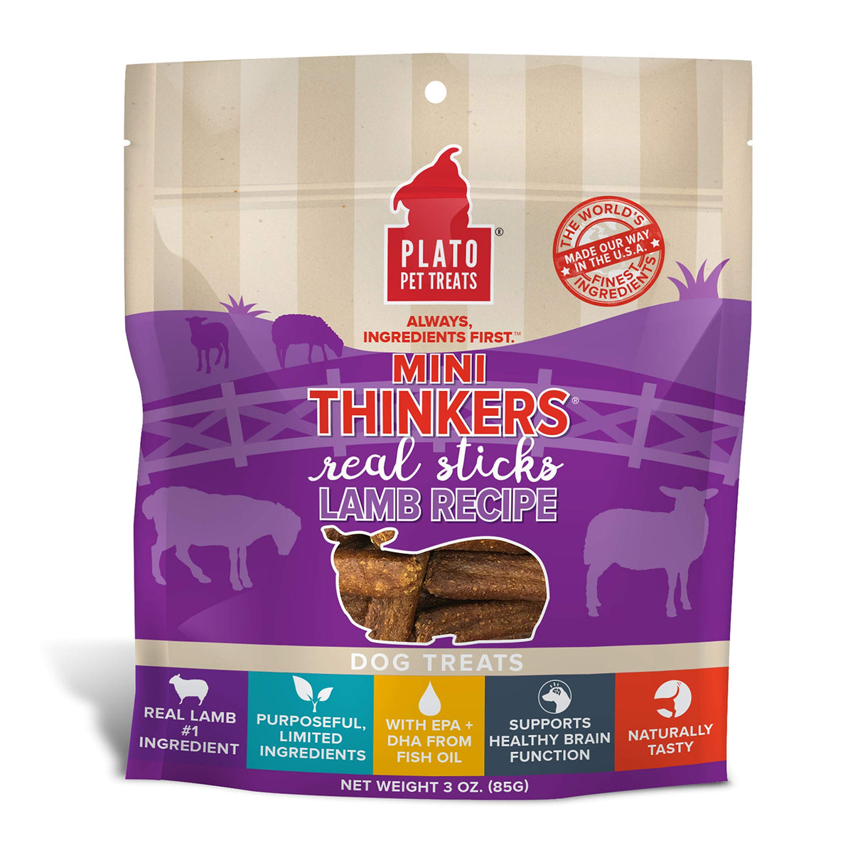 Plato Pet Treats Air Dried Dog Treats Lamb Mini Thinkers Sticks, Natural Dog Treats, Real Meat, Air Dried, Made In The Usa, 3Oz