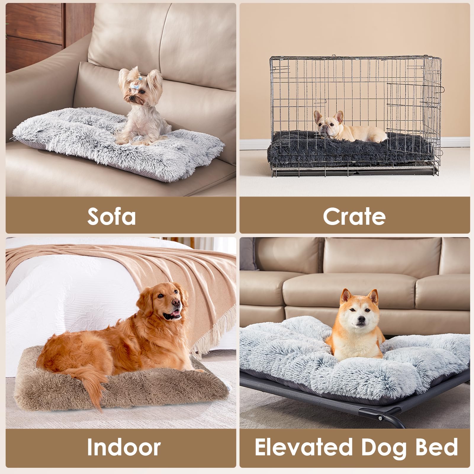 Eheyciga Fluffy Dog Crate Bed For Large Dogs, Plush Faux Fur Dog Crate Pad, Calming Anti Anxiety Large Dog Bed For Crate, Washable Soft Warm Dog Crate Mat With Non-Slip Bottom, Camel