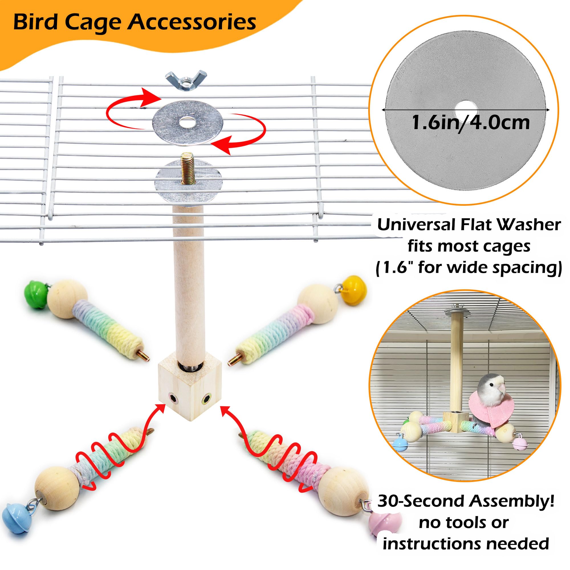 Bird Stand Perch Toy With Bells, Interactive Spinning Parakeet Toys, Wooden Exercise Wheel Parrot Toy, Enrichment Cockatiel Toy