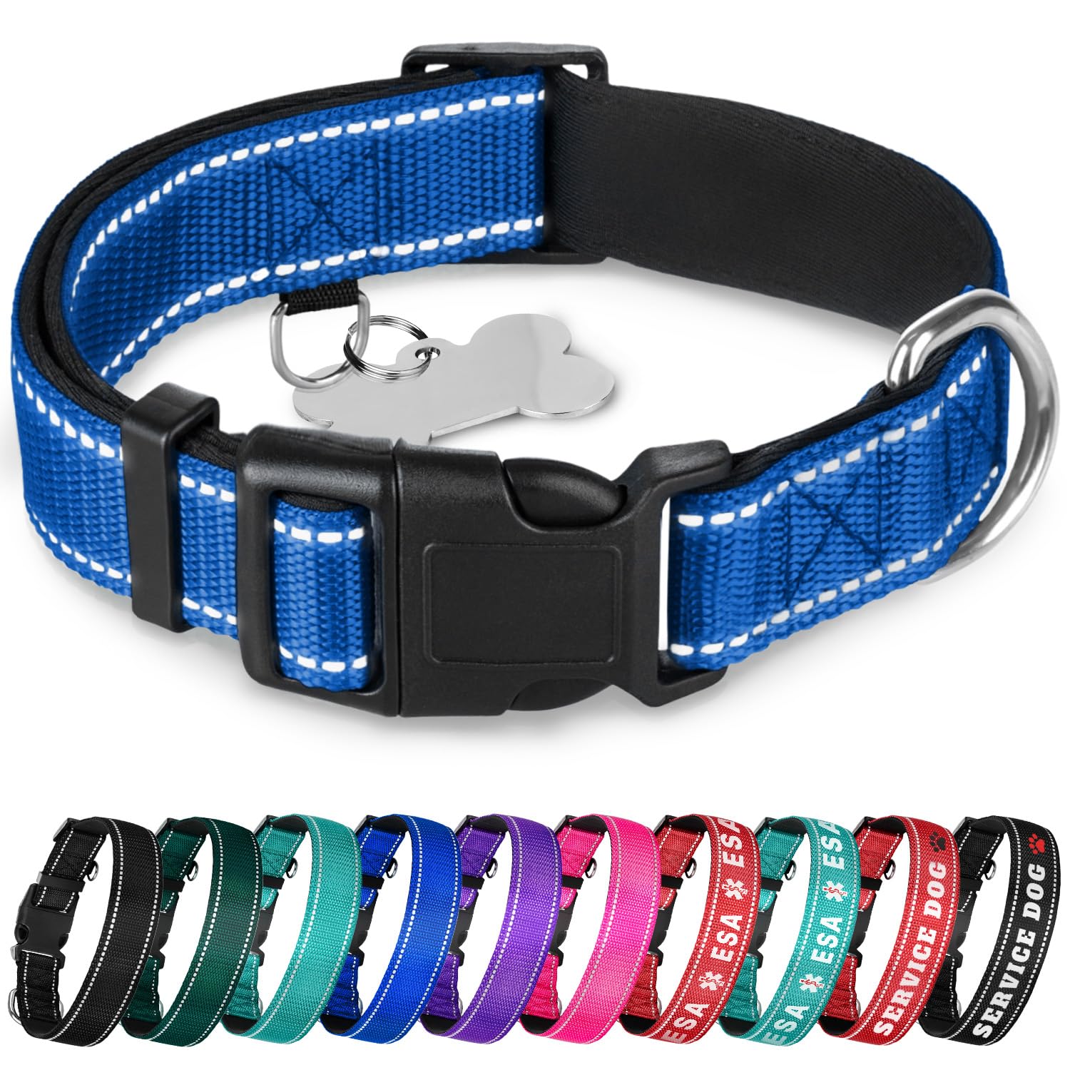 Teceum Reflective Pet Collar - Navy Blue - M - Extra Soft Padding - Basic Nylon Dog Collar - Quick Release Buckle - Fits Small, 