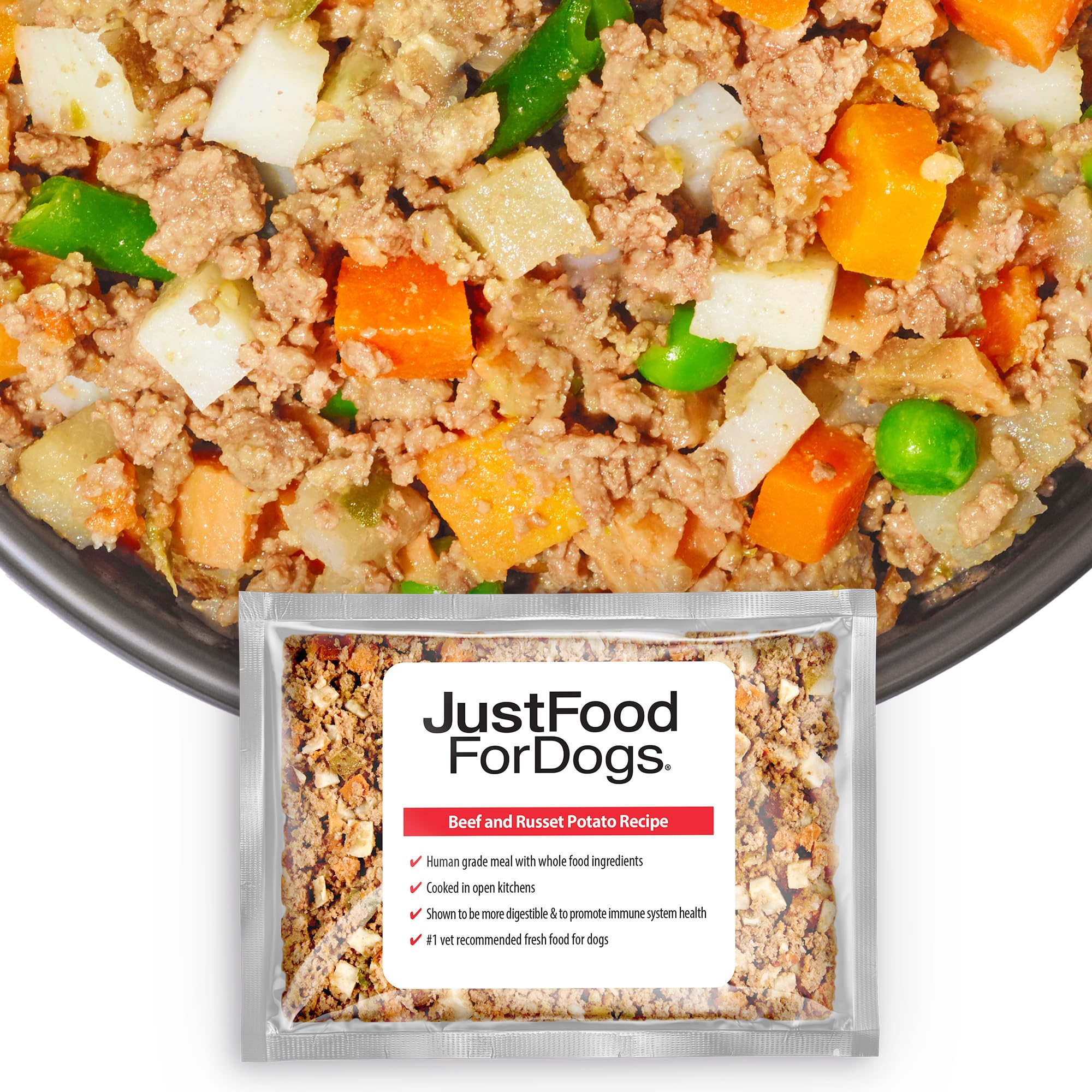 JustFoodForDogs Frozen Fresh Dog Food, Complete Meal or Dog Food Topper, Beef & Russet Potato Human Grade Dog Food Recipe, 18 oz