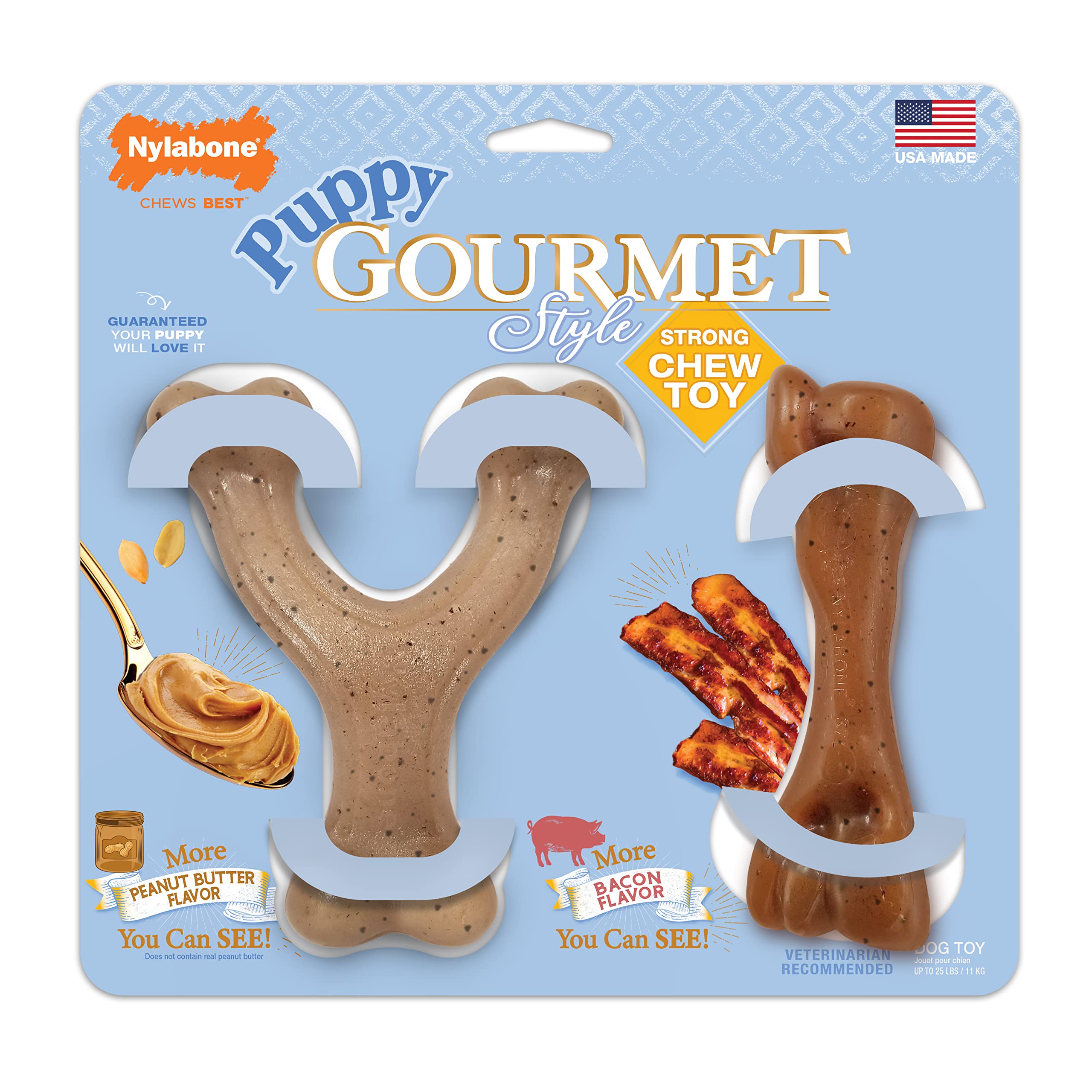 Nylabone Puppy Gourmet Style Strong Chew Toy Bacon, Peanut Butter Small/Regular (2 Count)