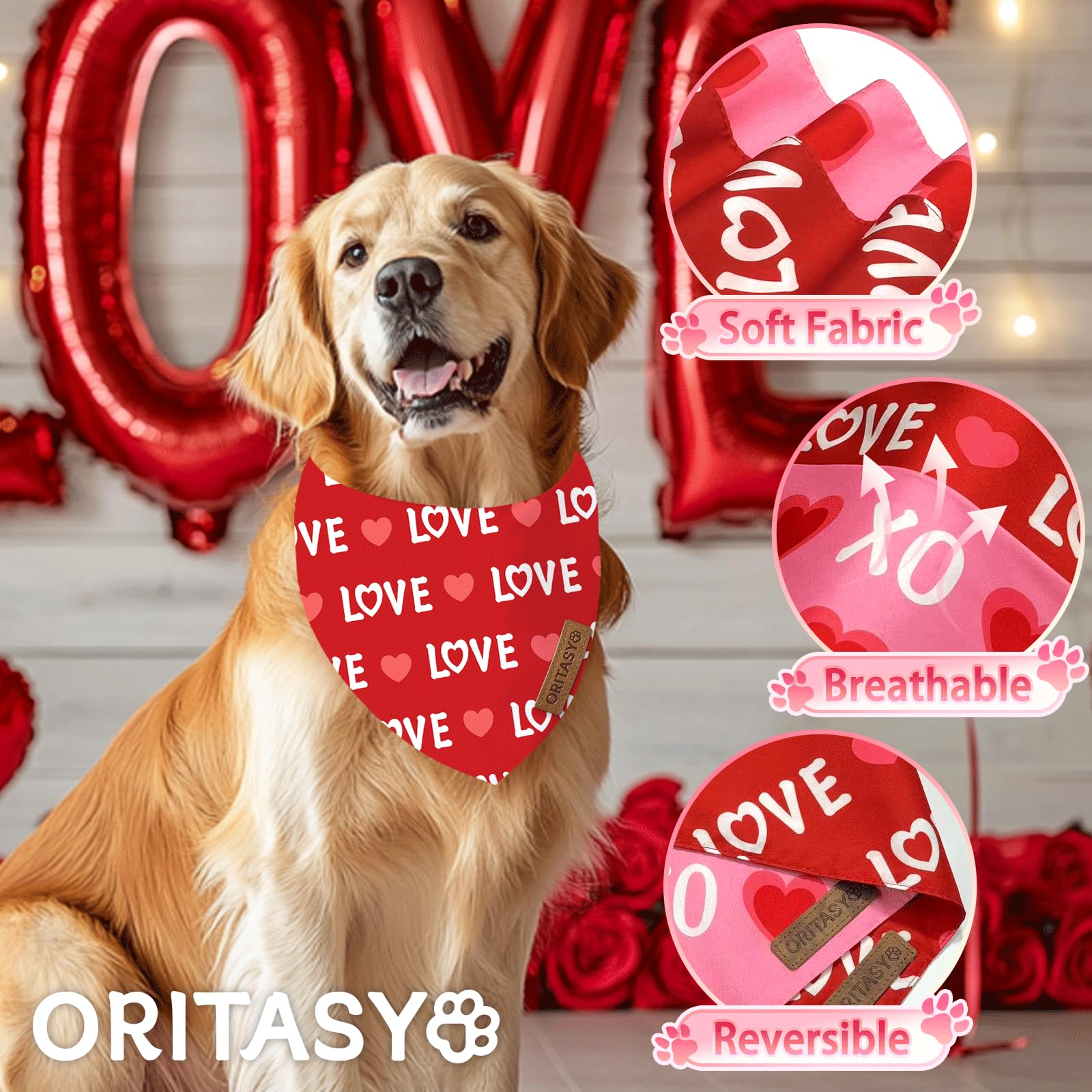 Oritasy Valentines Day Dog Bandanas, 2-Pack Triangle Reversible Love Pet Scarves, Premium Fabric Bandana (Small, Style 1)