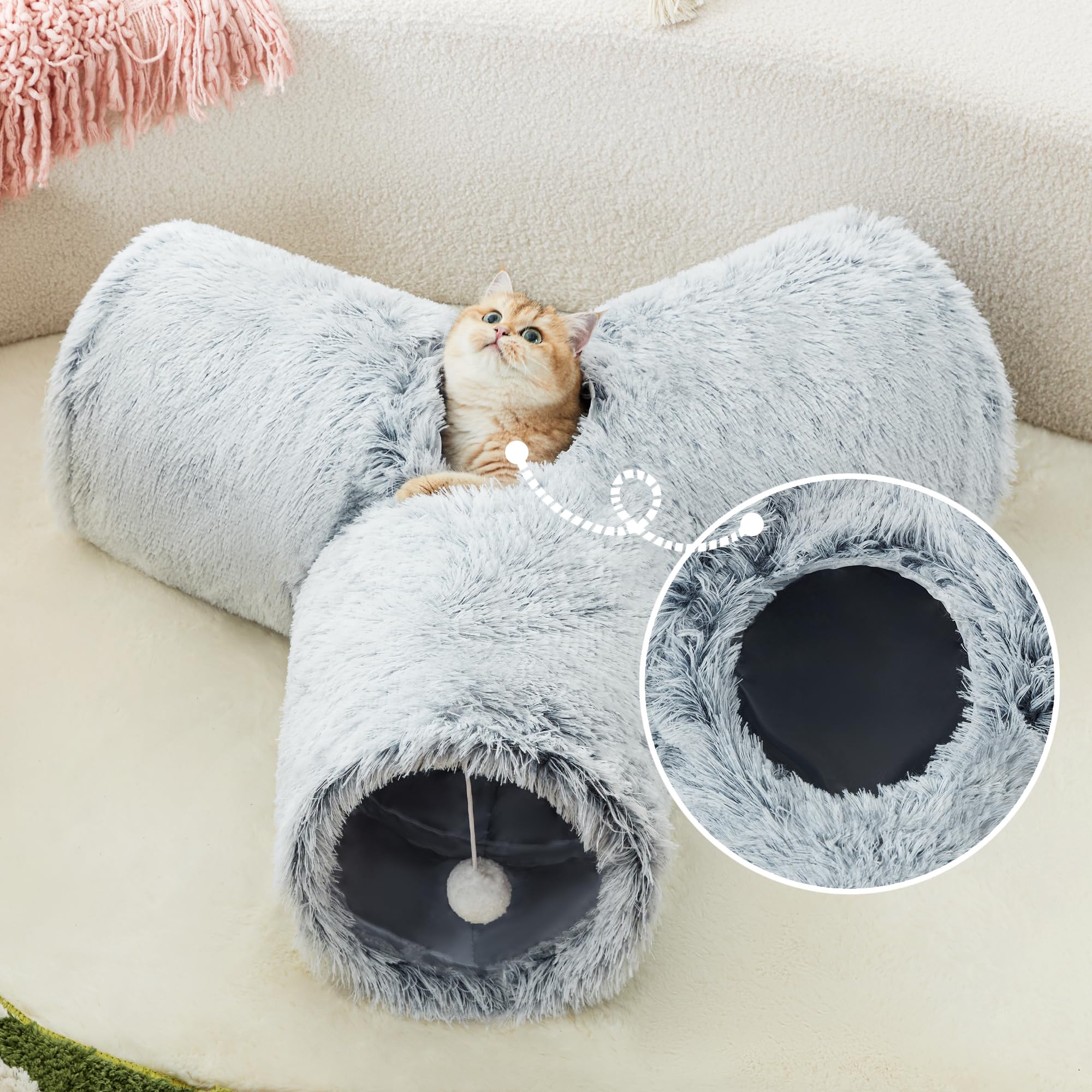 Tempcore Plush Pet Cat Tunnel Tube Cat Toys 3 Way Collapsible, Cat Tunnels For Indoor Cats,Kitty Tunnel Bored Cat Pet Toys Peek Hole Toy Ball Cat, Puppy, Kitty, Kitten, Rabbit Light Grey