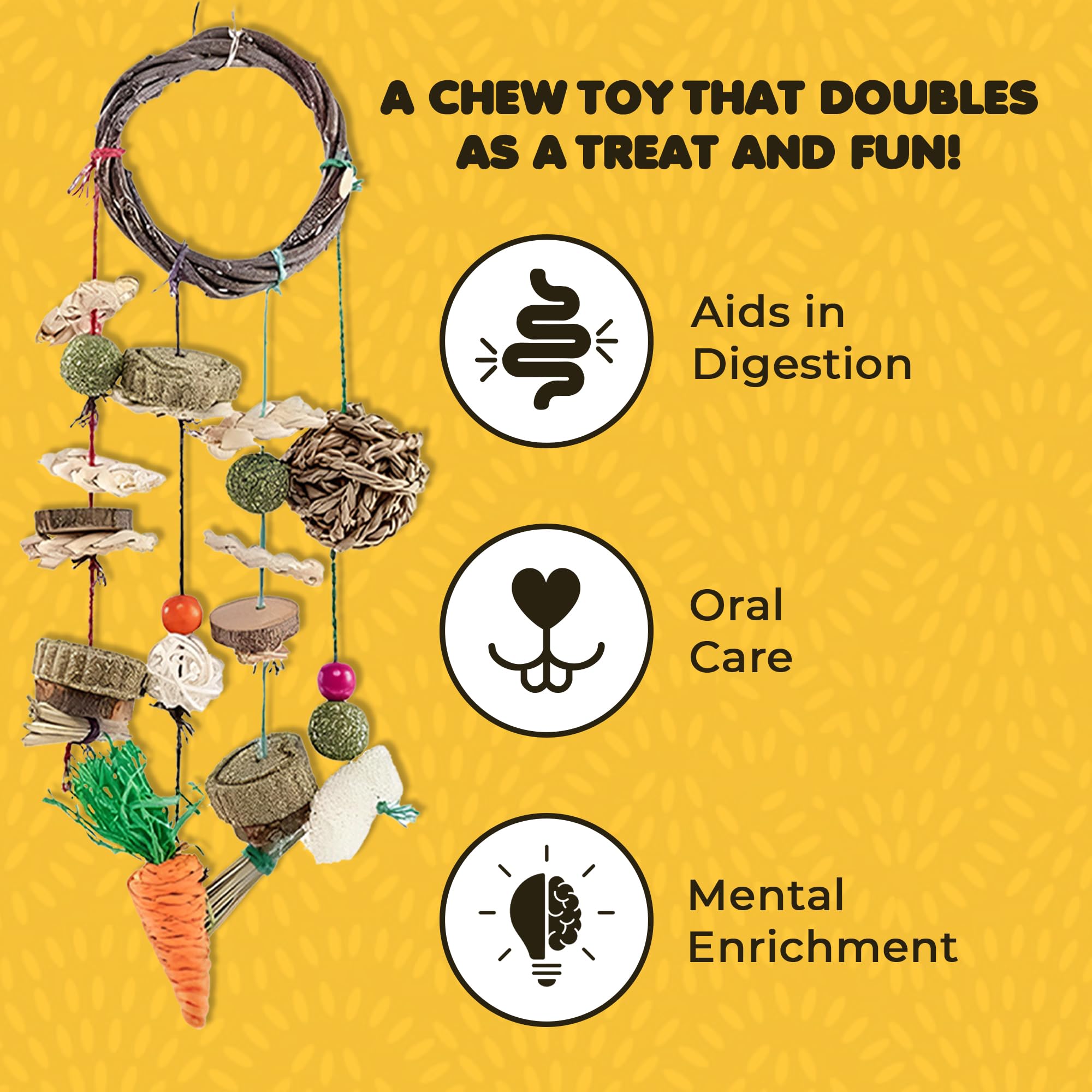 Sungrow Cage Hanging Rabbit Chew Toy, Handwoven Space-Saving Enclosure Accessory, Wooden Discs, Loofah Slices, Grass Ball & Comp