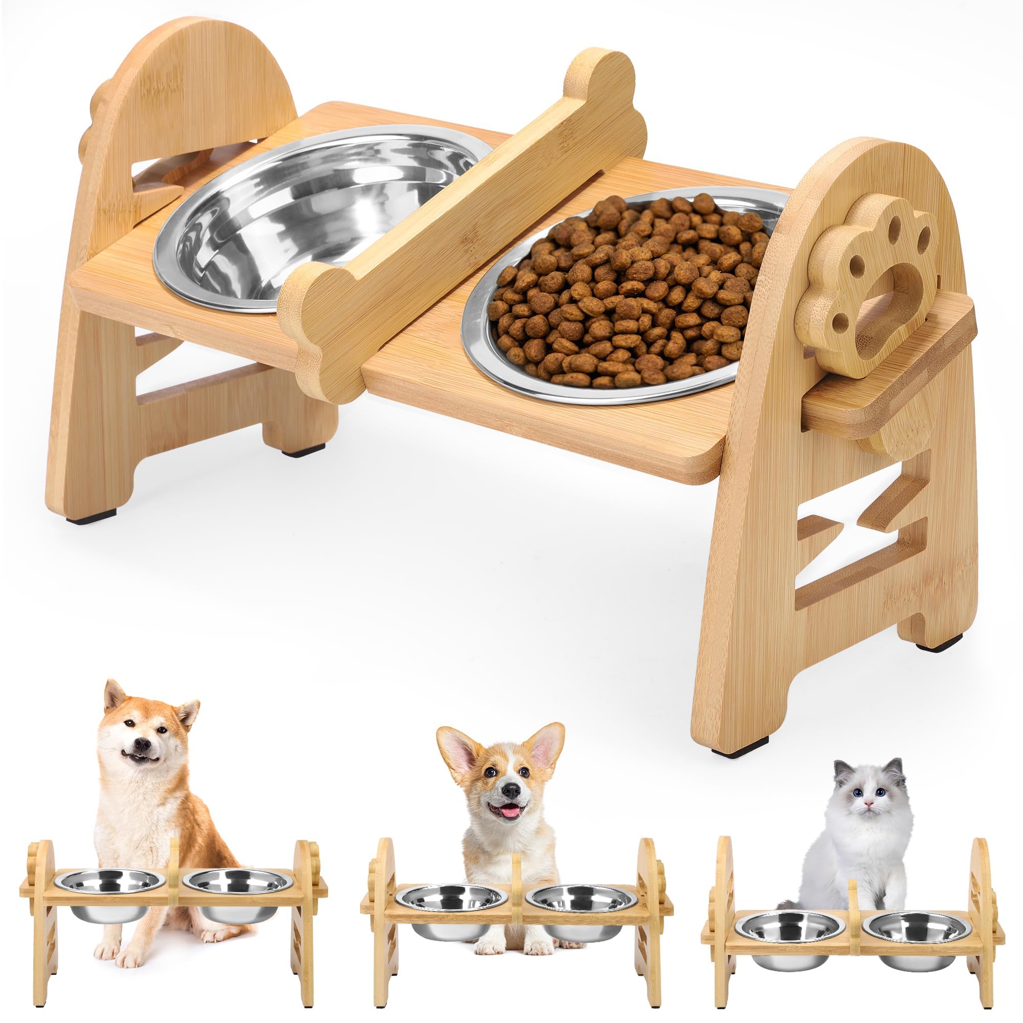 Mceast Elevated Dog Bowls Adjustable Raised Dog Bowls Stand With 2 Pieces 304 Stainless Steel Bowls Bamboo Pet Elevated Bowl Cat