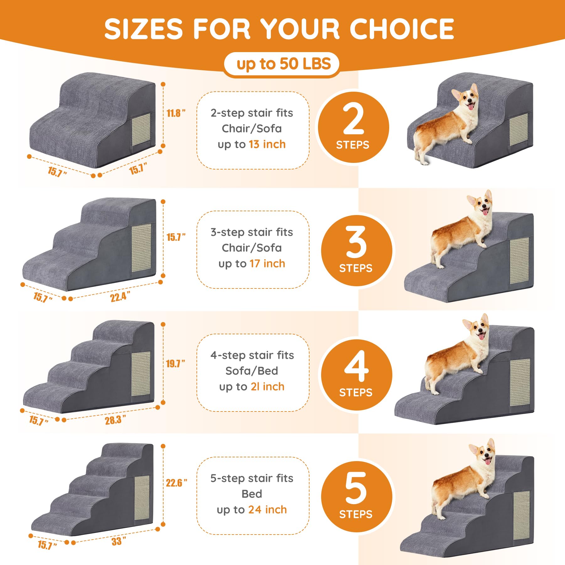 Dog Stairs For Small Dogs, 4-Step Dog Ramp For Bed 19.7'' H, Dogs Steps For Bed, Couch, Pet Stairs With Non-Slip Bottom Design,