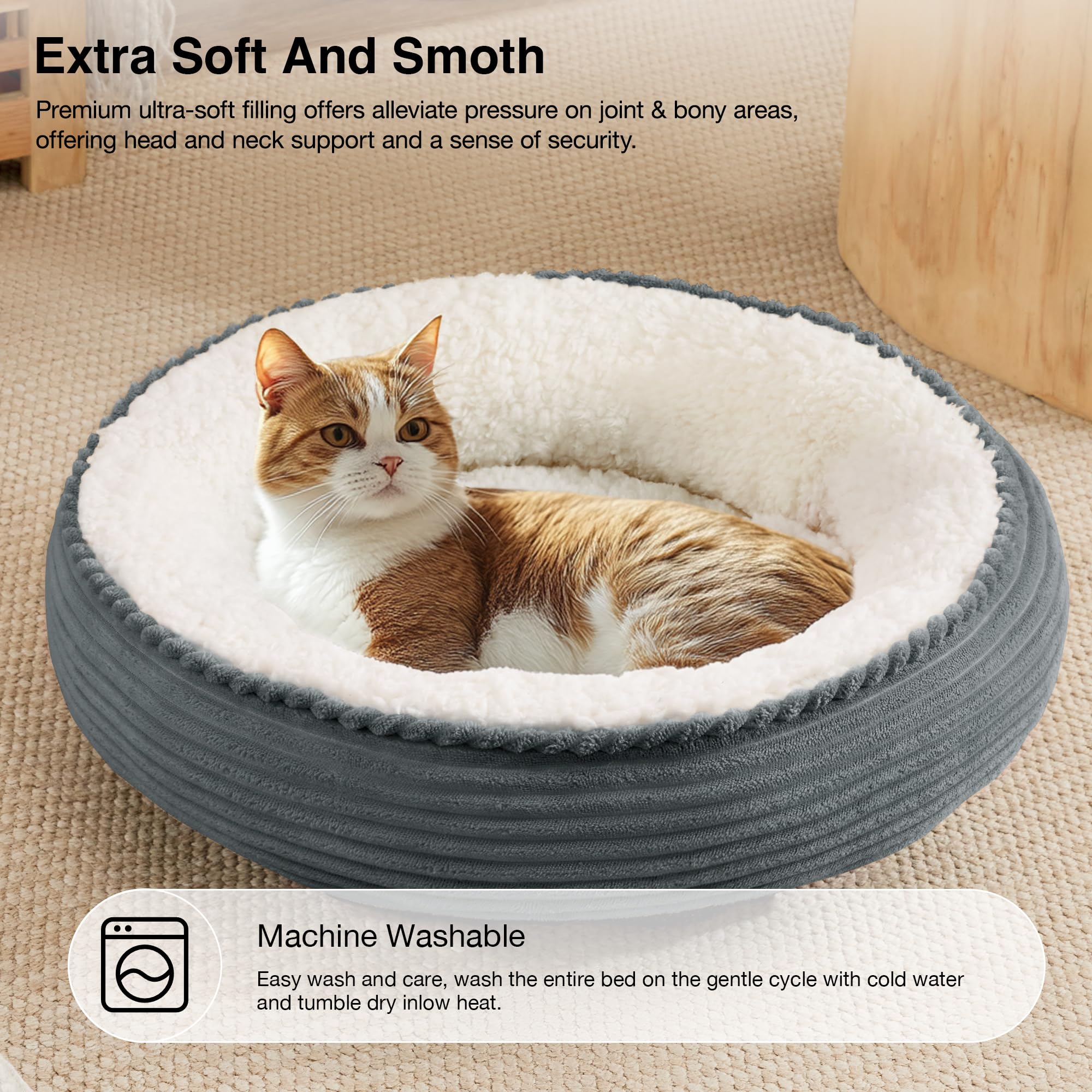 Love'S Cabin Round Donut Cat And Dog Cushion Bed, 20In Pet Bed For Cats Or Small Dogs, Anti-Slip Water-Resistant Bottom, Super S