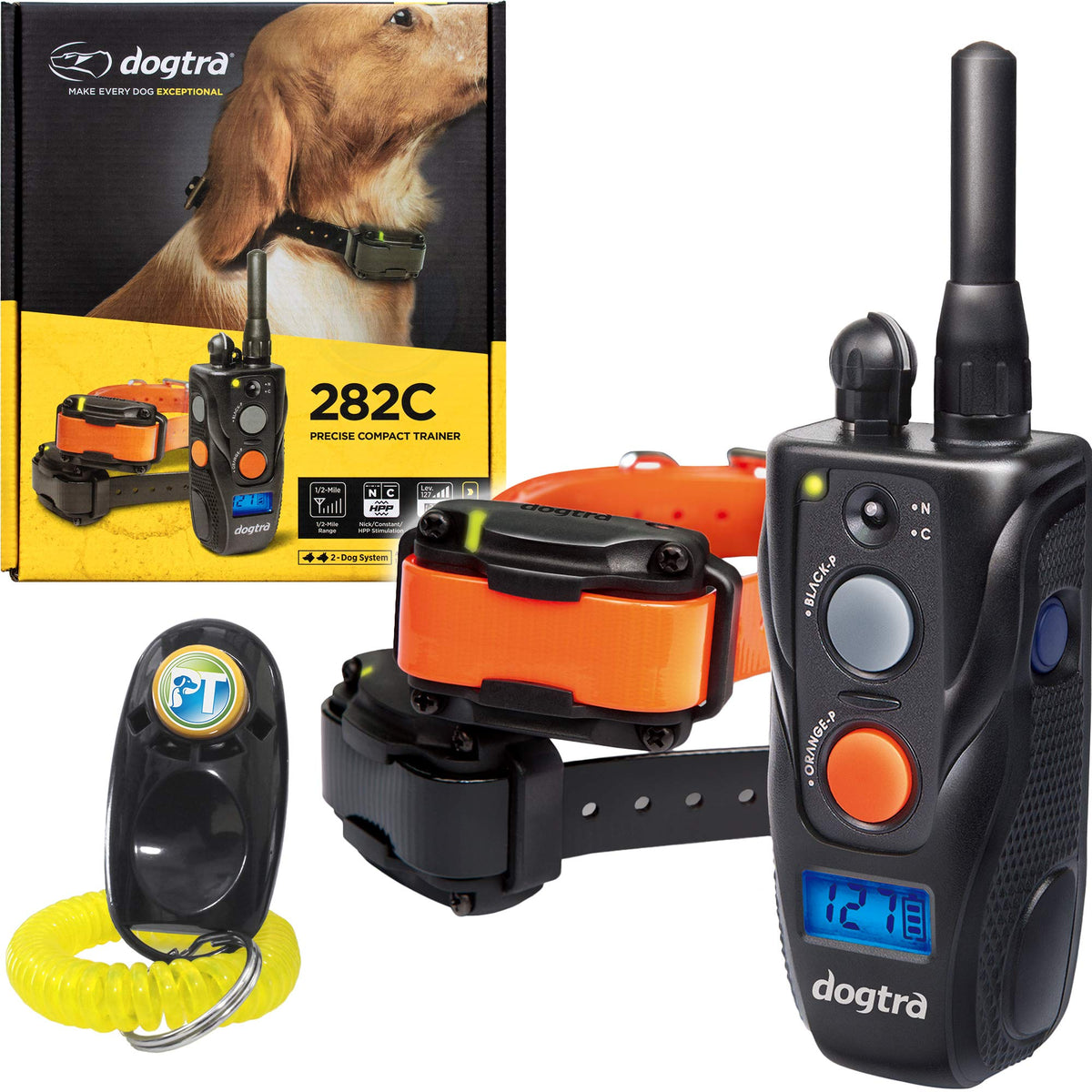 Dogtra 282C Remote Training E-Collar For 2 Dogs - 1/2 Mile Range - 127 Static Stimulation Levels, Vibration, Rechargeable, Waterproof, Electric Dog Collar For Obedience Training Of Small, Medium Dogs