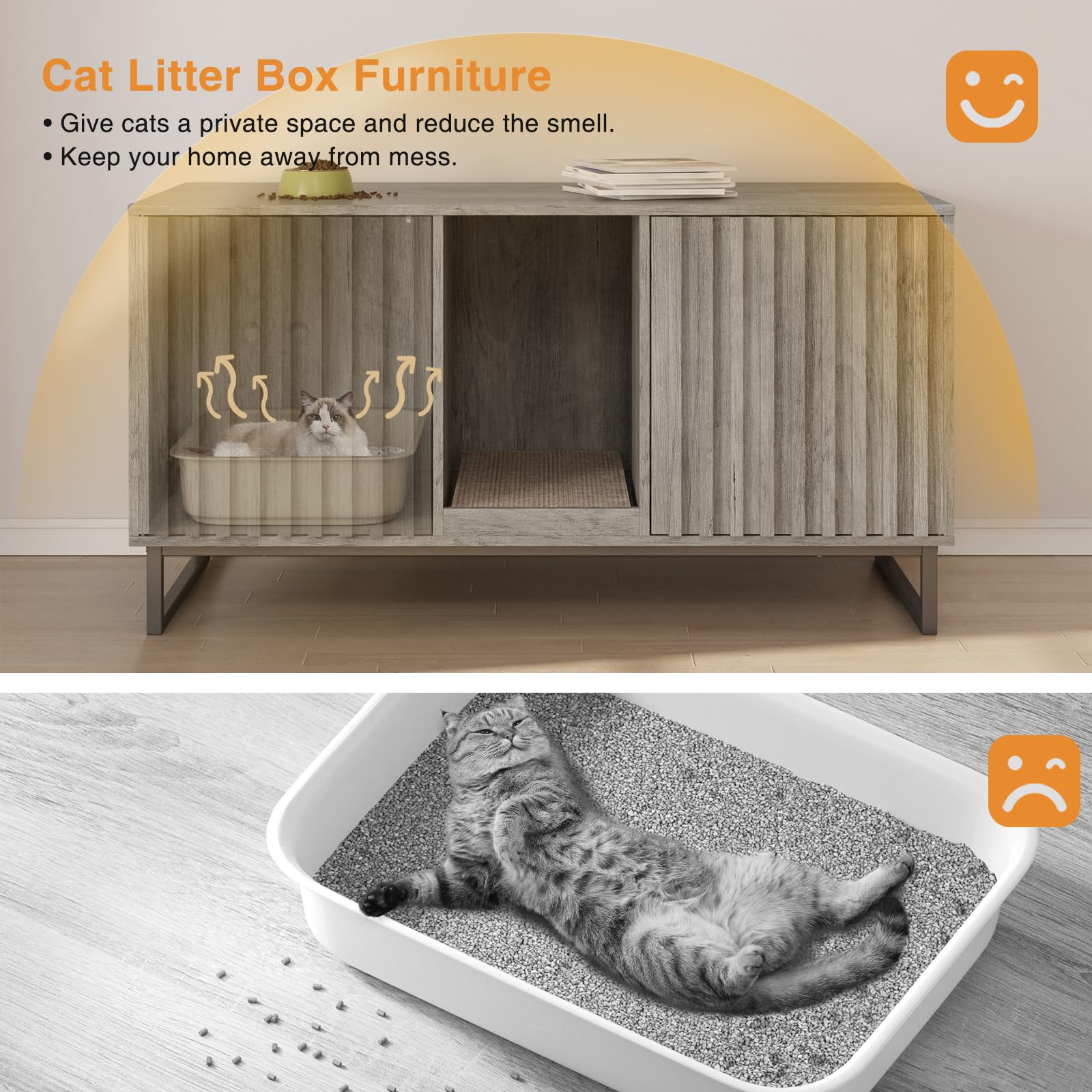 Cat Litter Box Enclosure For 2 Cats, 47.6 Litter Box Furniture Hidden With Scratch Pad, Double Room Large Cat Cabinet, Indoor Pe