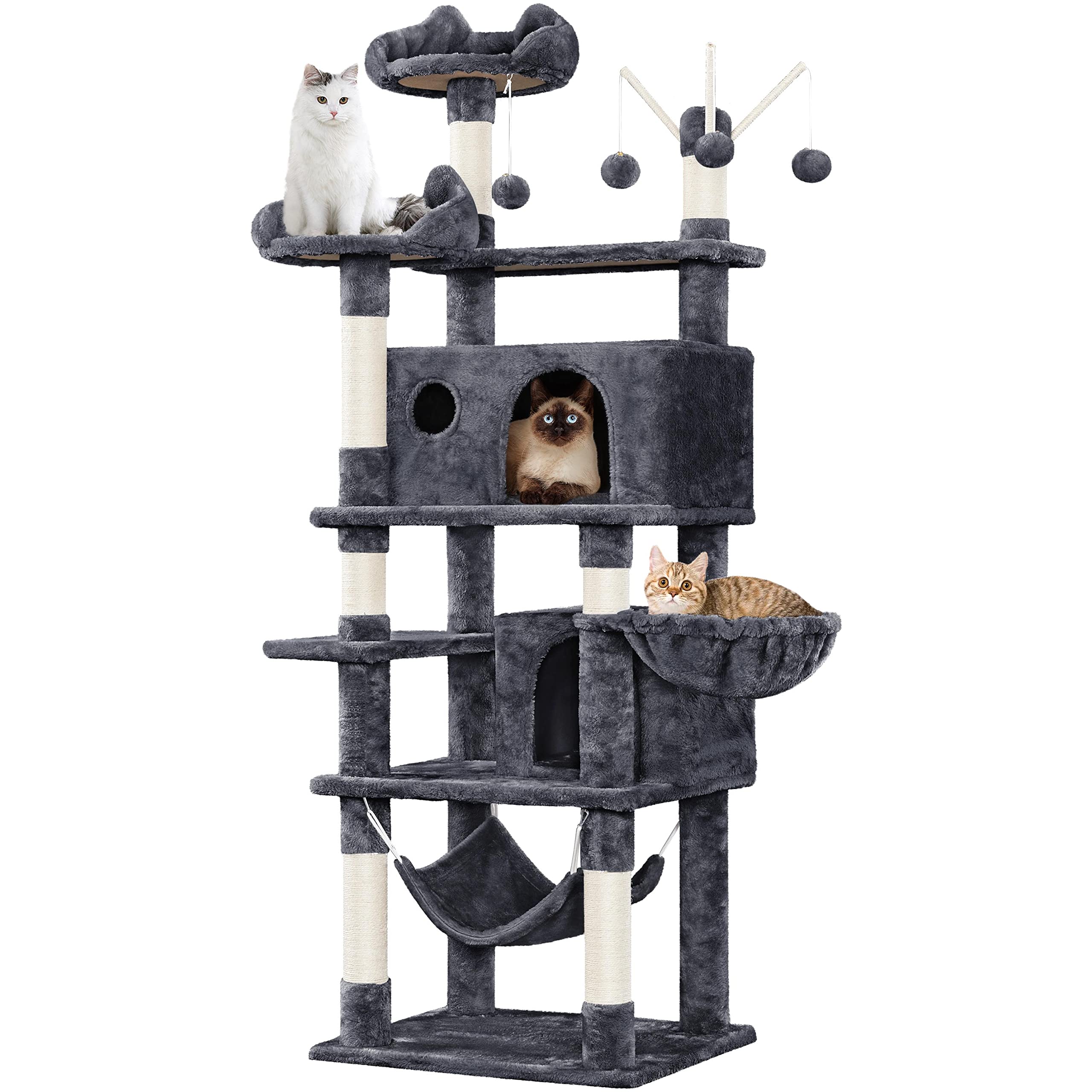 Yaheetech Cat Tower, 67In Condos With 3 Removable Kitty Teaser Sticks, Hammock, Scratching Posts, Basket For Indoor Large Kitten