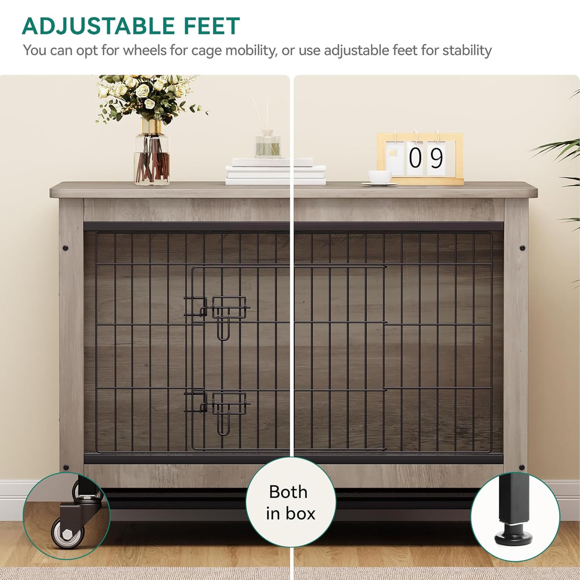 Dwvo Dog Kennel Furniture With Cushion, 38 Wooden Dog Crate Furniture With Wheels, Dog Crate End Table With Tray, Dog Cage Wit