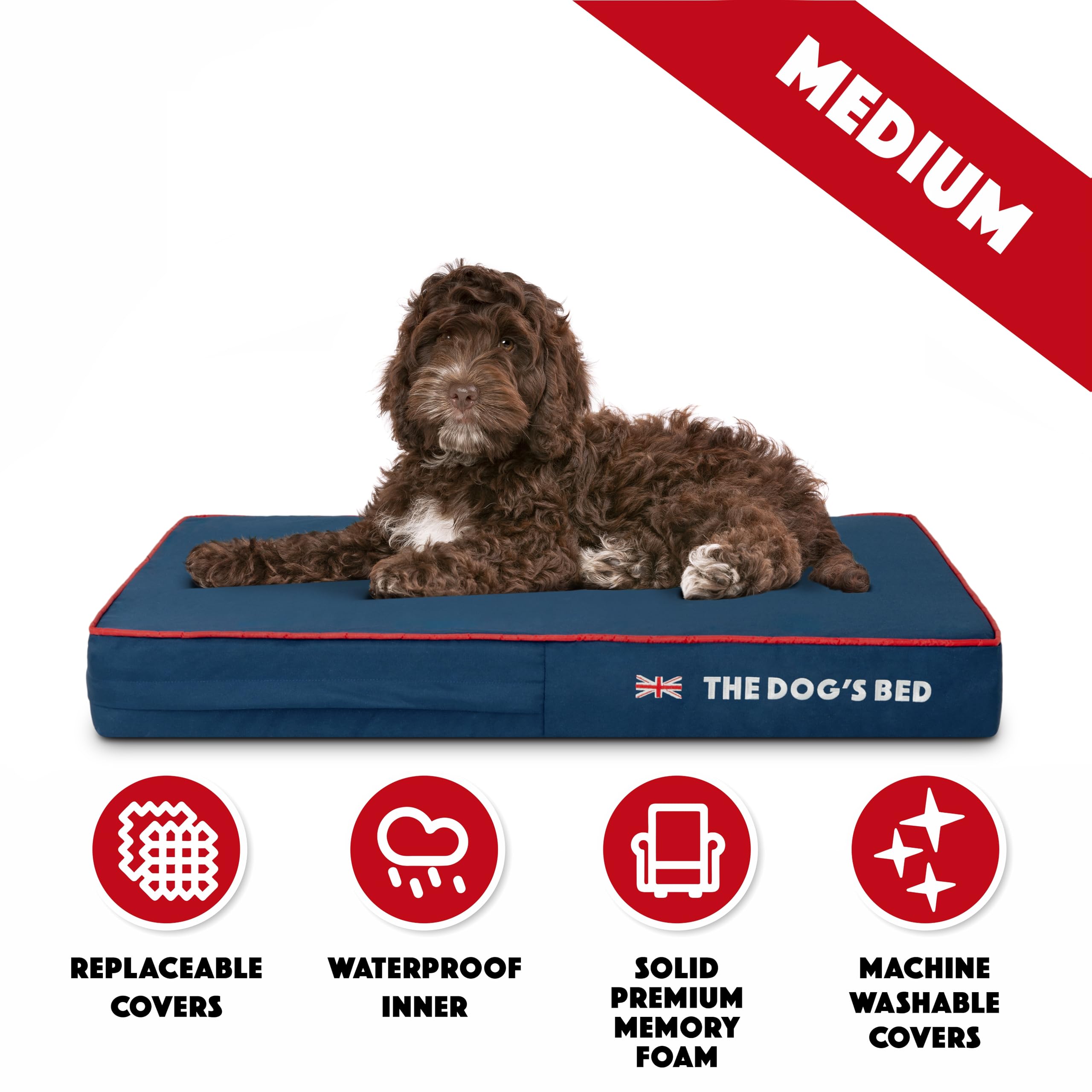 The Dog's Balls Orthopedic Memory Foam Dog Bed, Medium 34x22, Blue with Red Trim UK Flag, Waterproof, Pain Relief for Arthritis