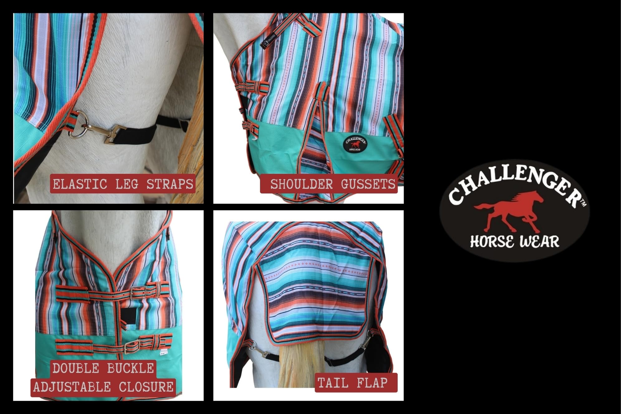 CHALLENGER 60" Lightweight Turnout Horse Sheet, Fleece Lining, Serape Turquoise, Model 399LG