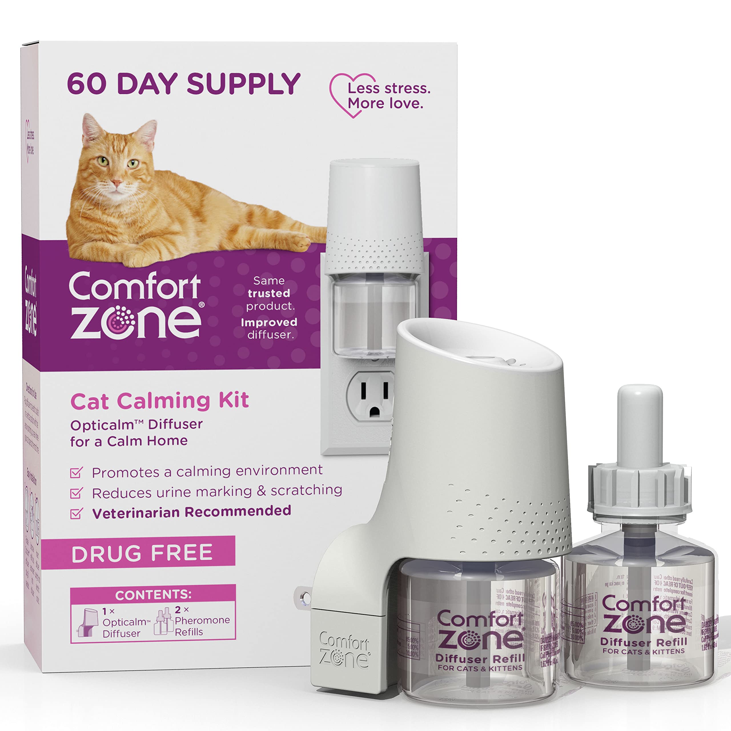 Comfort Zone 60 Day Starter Kit: 1 Cat Calming Diffuser & 2 Refills; Cat Pheromones Help Anxiety; Reduce Stress, Urine Marking, 