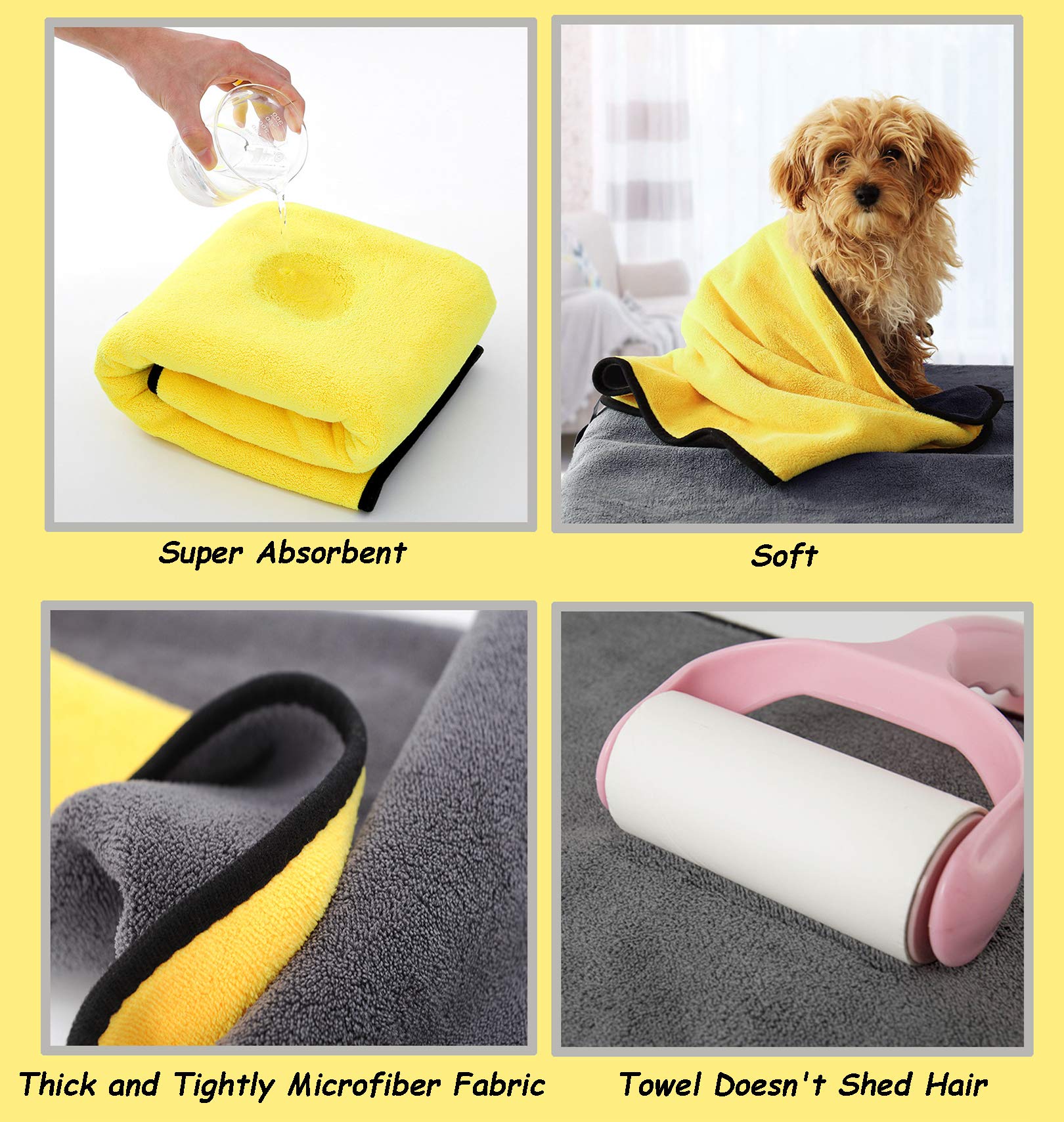 Kwispel Dog Bath Towel - Super Absorbent Microfiber Dog Towel For Small Dogs And Cats, Yellow & Grey 11.8' X 23.6'
