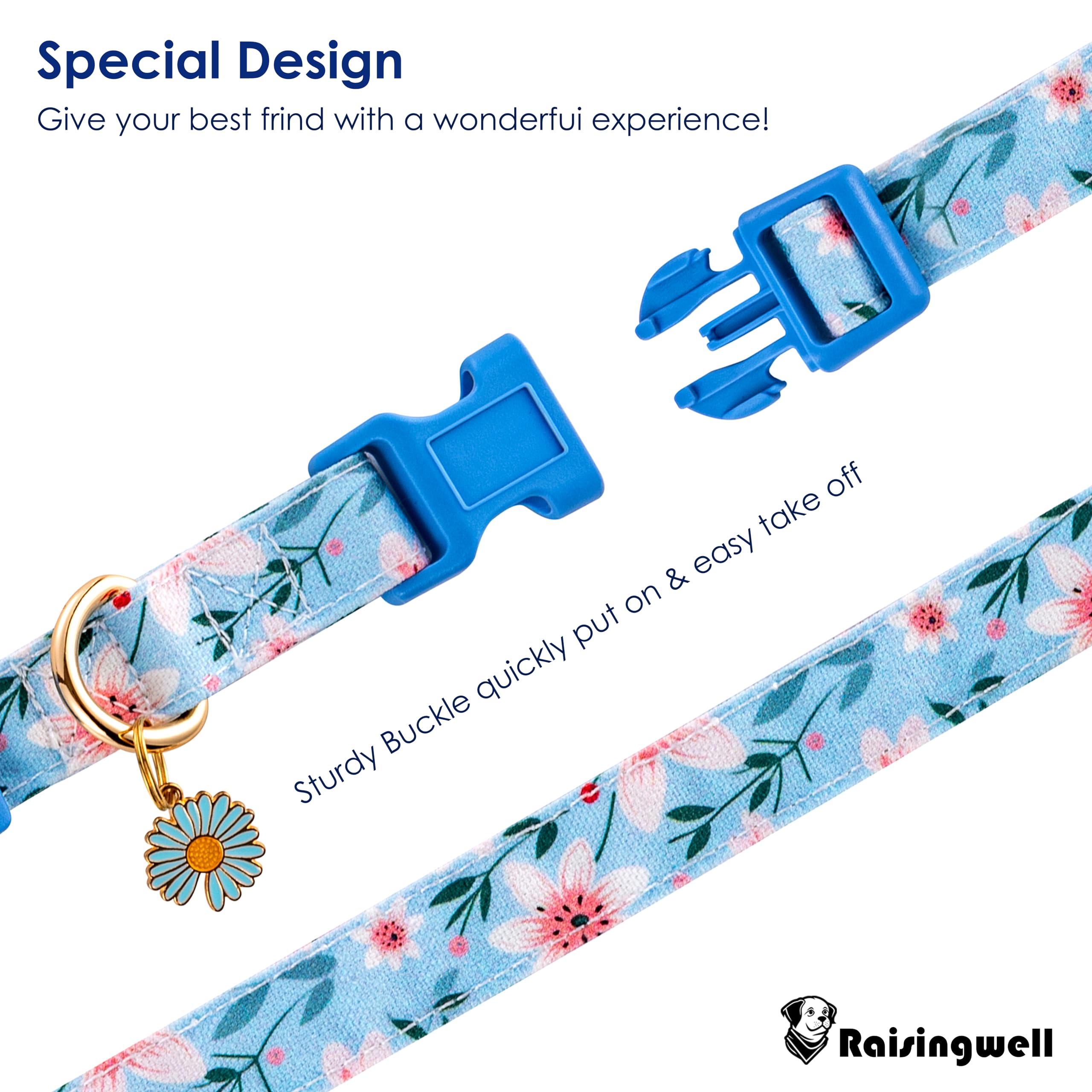 Raisingwell Cotton Dogs Collar Blue Flower Patterns For Boys And Girls Cute Dog Collars Summer Fall Gift Adjustable For Small To