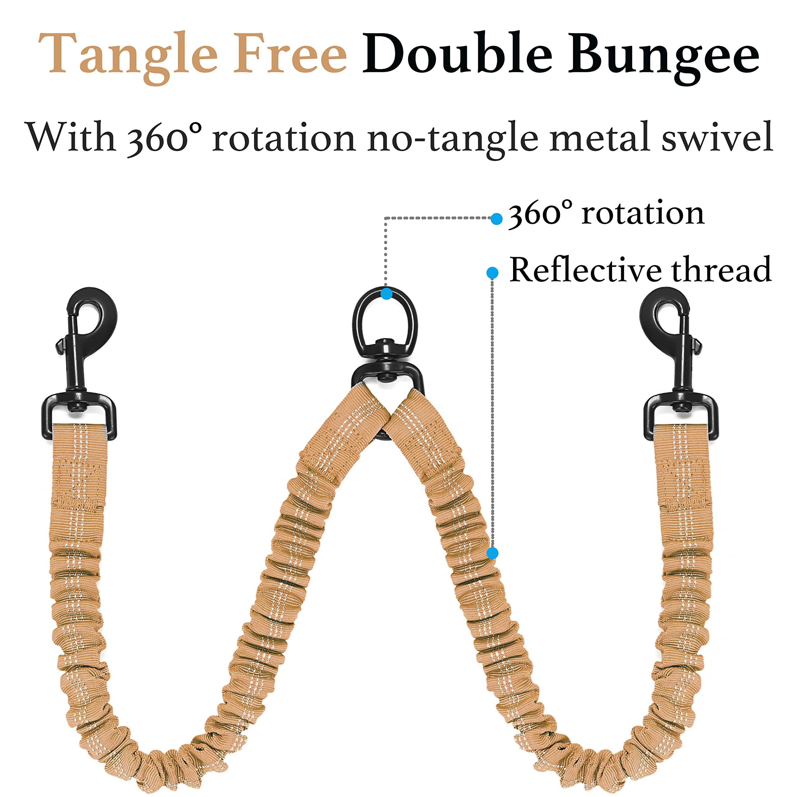 Iyoshop Dual Dog Leash, Double Dog Leash, 360 Swivel No Tangle Walking Leash, Shock Absorbing Bungee For Two Dogs, Khaki, Large (25-150 Lbs)