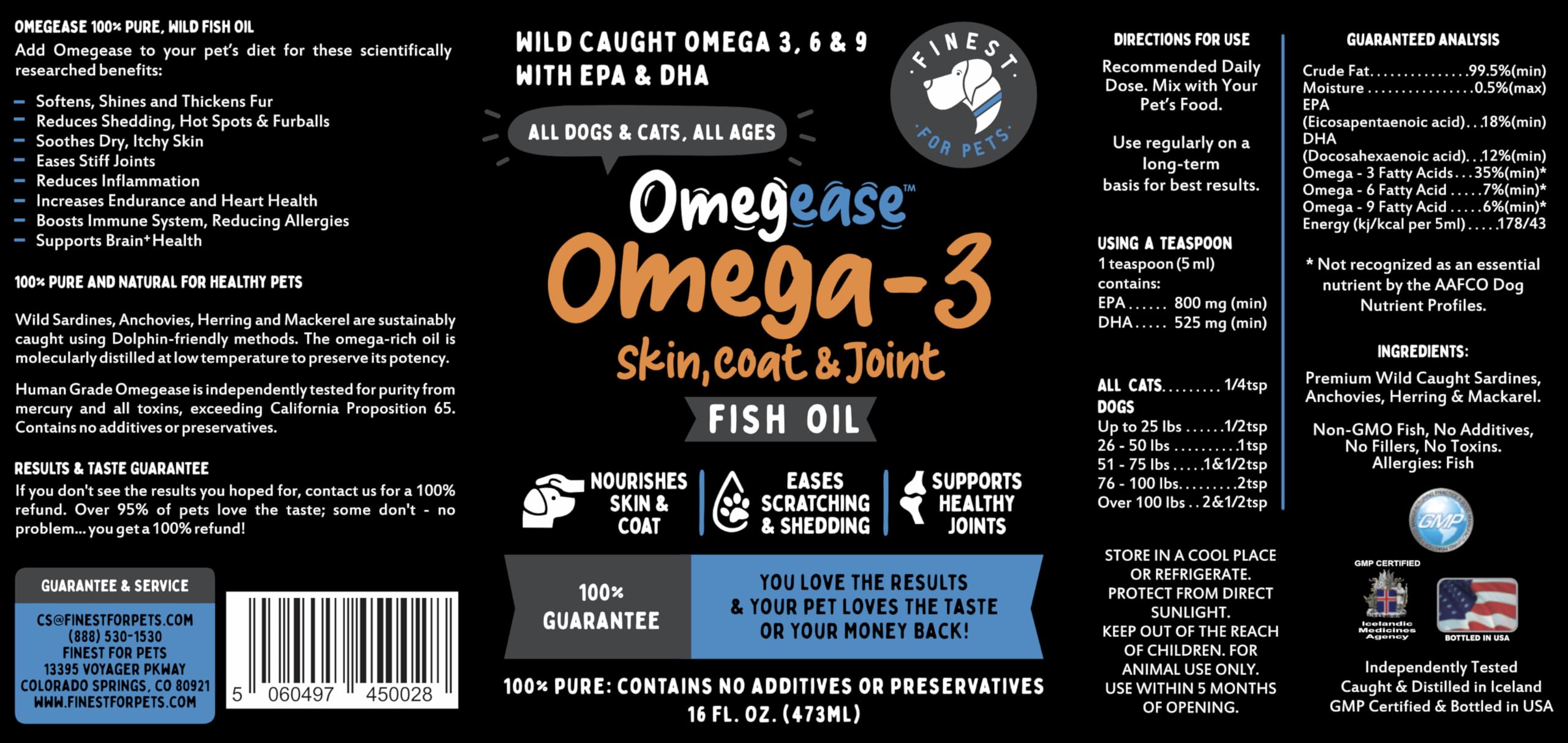 Finest For Pets Omega 3 for Dogs & Cats - 16oz Pure Fish Oil with 1,545mg Omega-3, EPA & DHA for Joints, Skin, and Immune Health