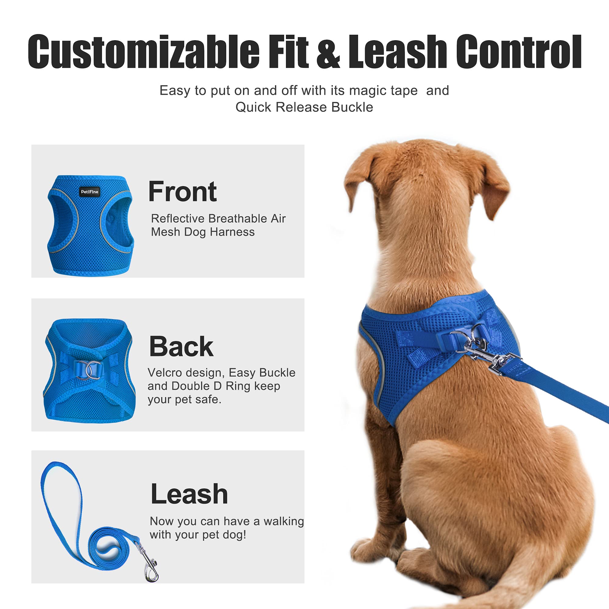 Petifine Step In Small Dog Harness And Leash Set, Breathable All Weather Air Mesh Reflective Escape Proof, Step-In Vest Harnesse