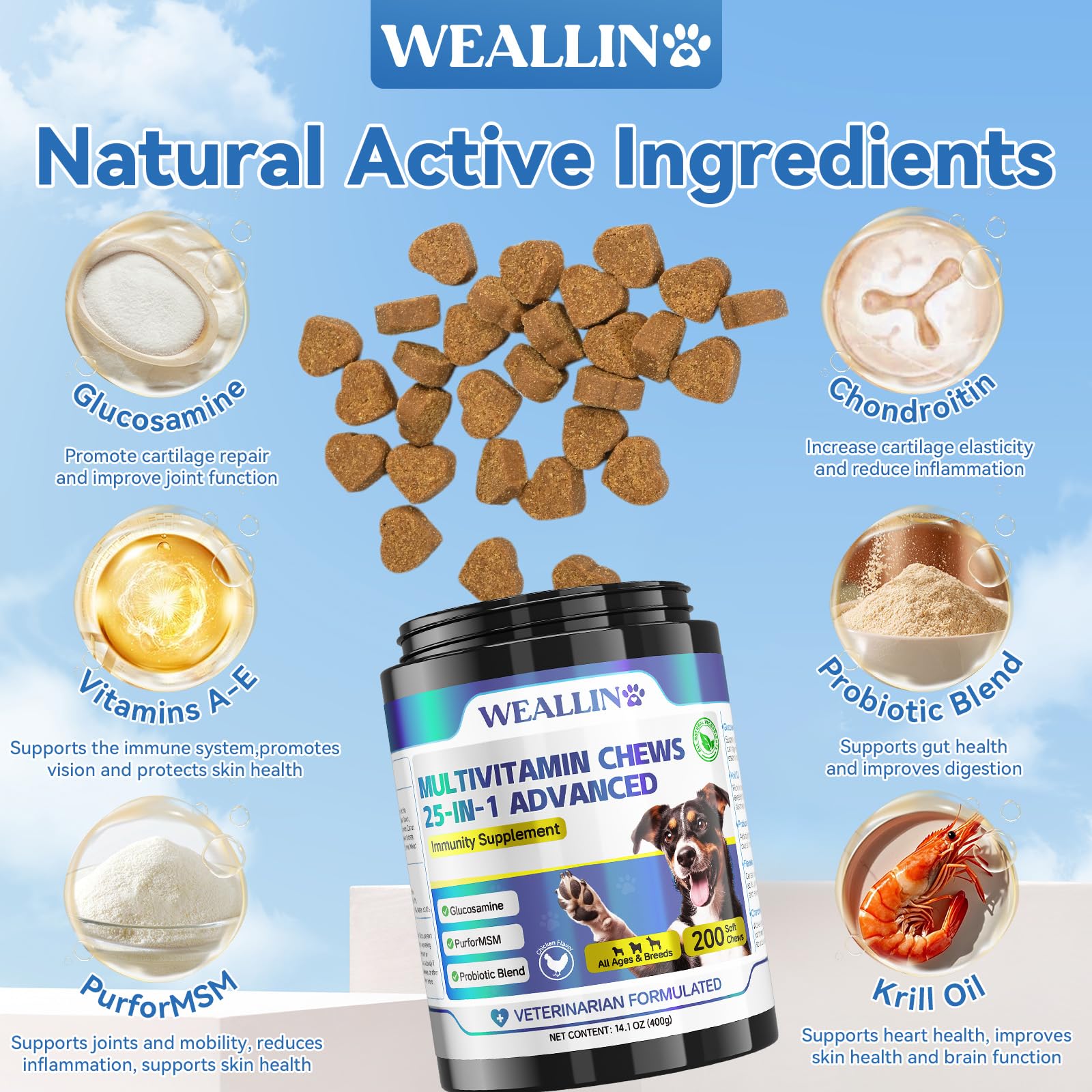 Dog Vitamins - 25-In-1 Dog Vitamins and Supplements Multivitamin For Dogs With Glucosamine Probiotics Omega-3 Dog Multivitamin C