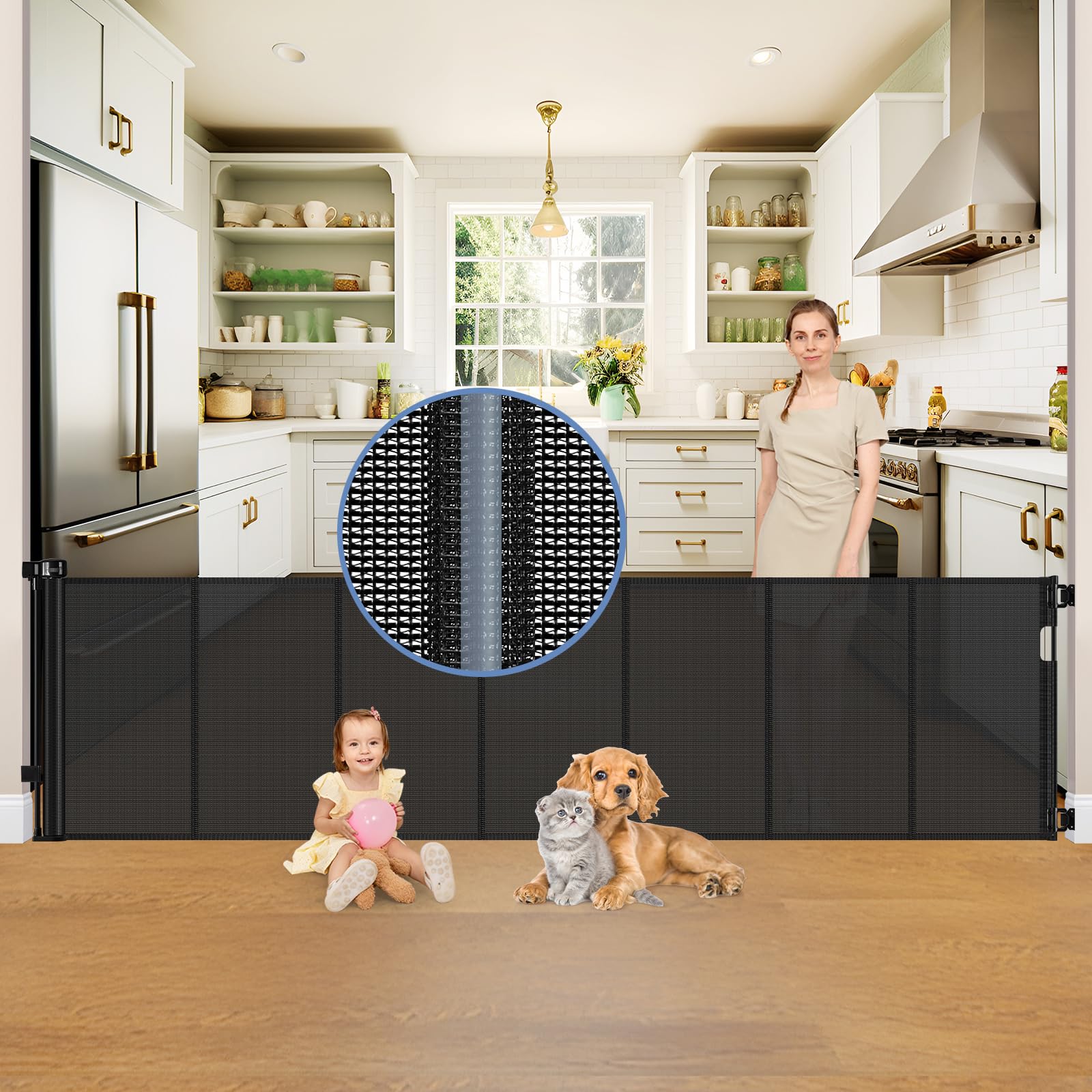 Reinforced 150 Inch Retractable Dog Gate for Doorways Stops Babies and Dogs from Crawling Under Retractable Baby Gates Extra Lon