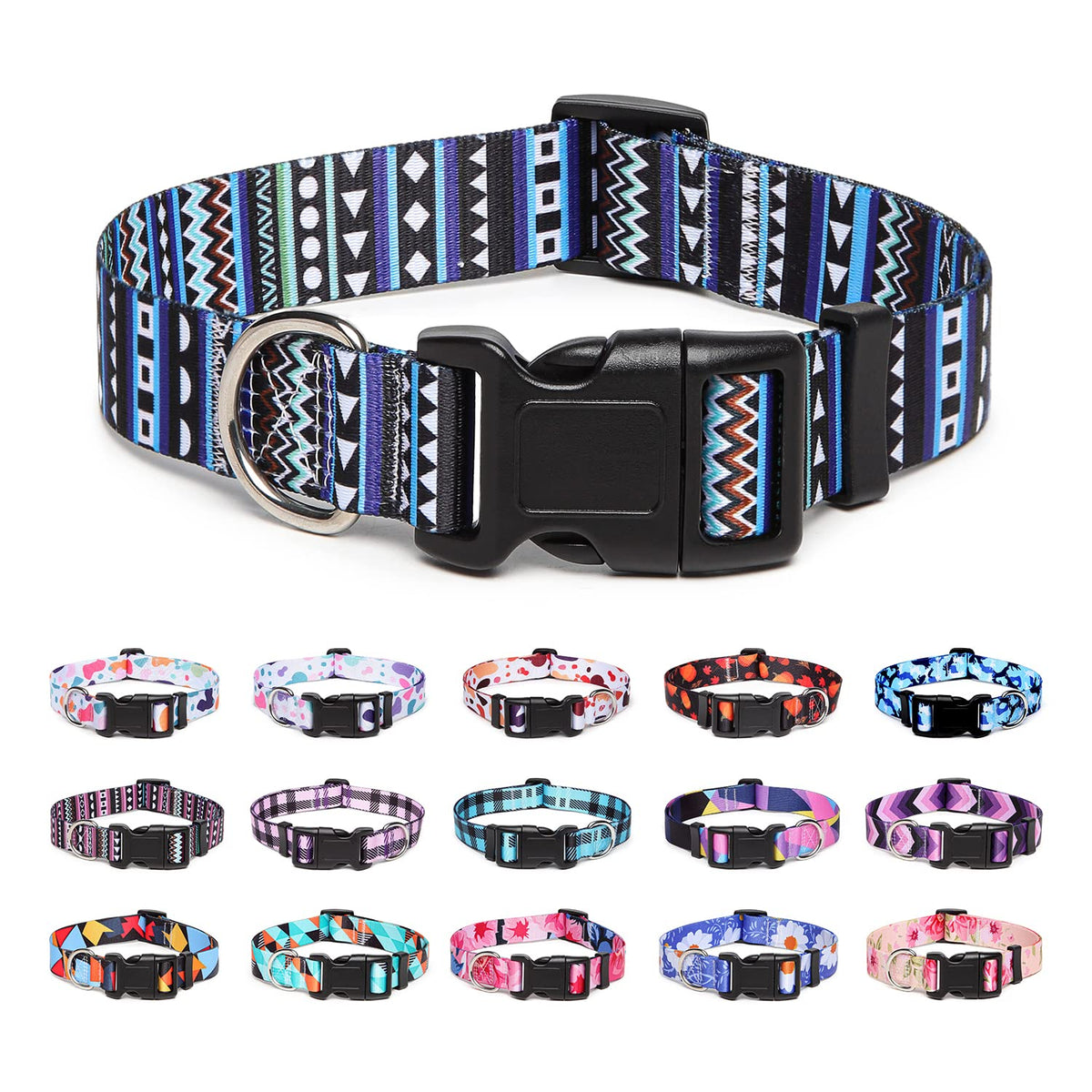 Suredoo Adjustable Dog Collar With Patterns, Ultra Comfy Soft Nylon Breathable Pet Collar For Small Medium Large Dogs (L, Bohemian Blue)