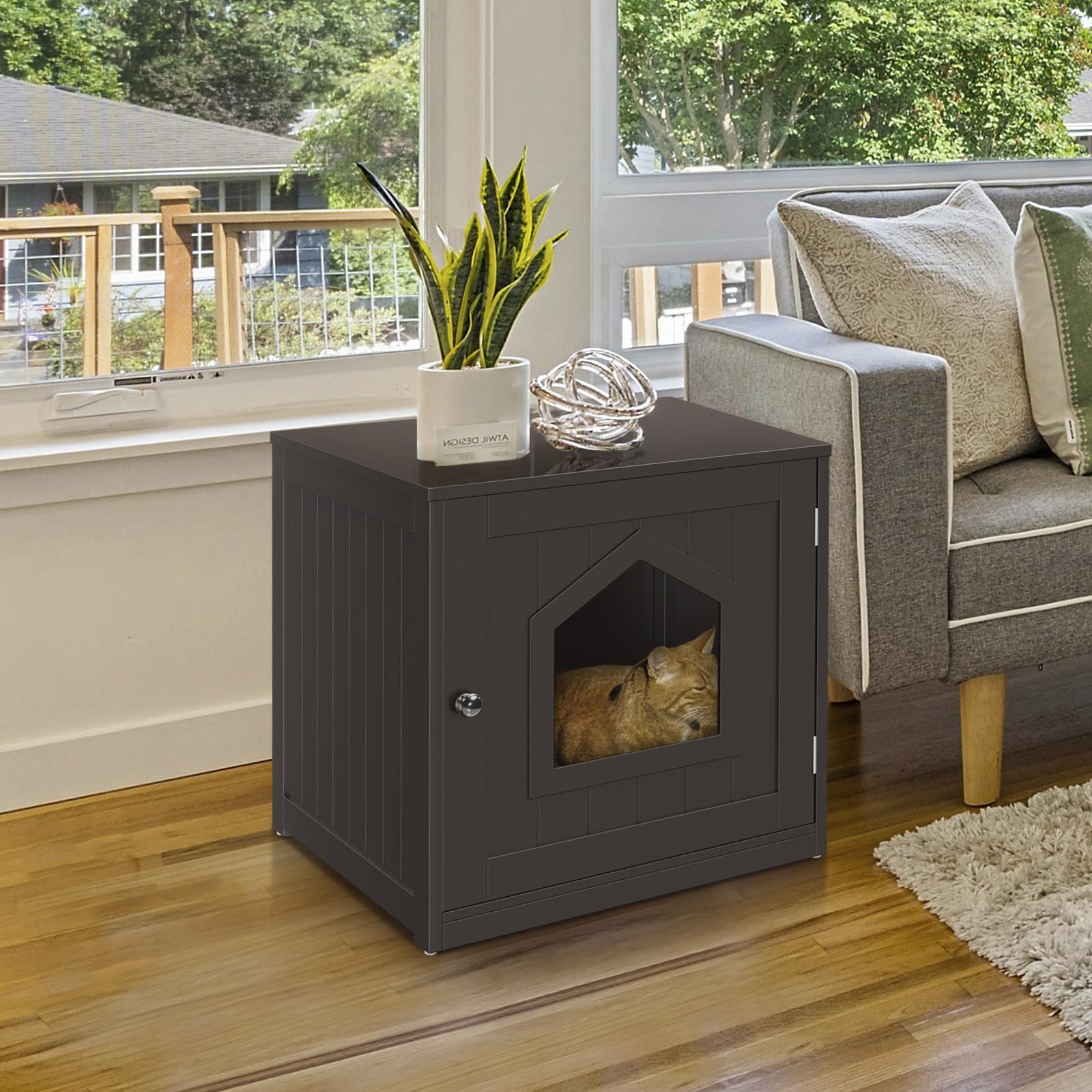 Zeny Cat Litter Box Furniture Hidden, Enclosed Cat Litter Box With Vent Holes, Indoor Cat Box Cabinet, Wooden Cat Washroom, End