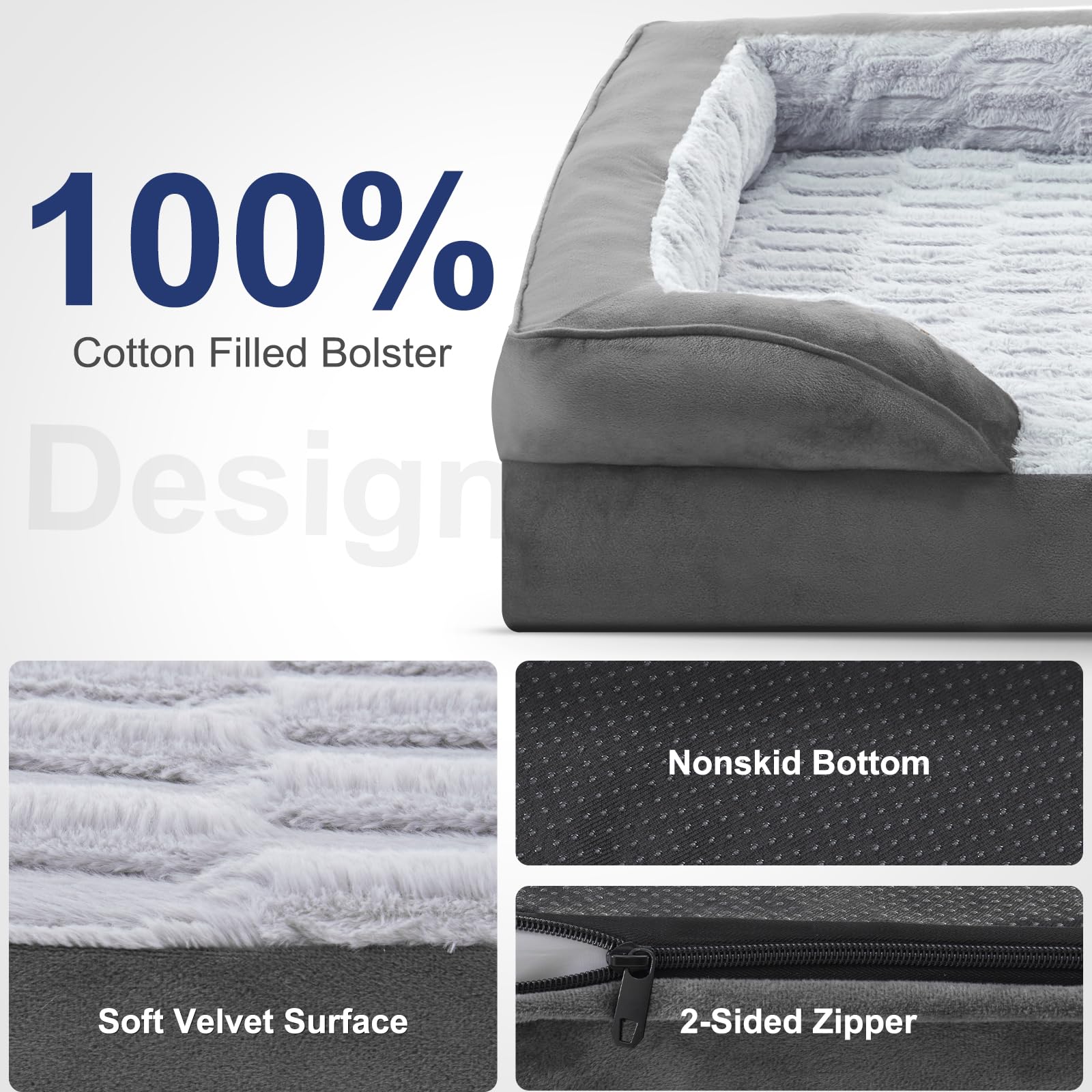 FURTIME Large Orthopedic Dog Bed, Grey XL Washable Egg-Crate Foam Couch, 42"x32"x6.5", Waterproof with Nonskid Bottom