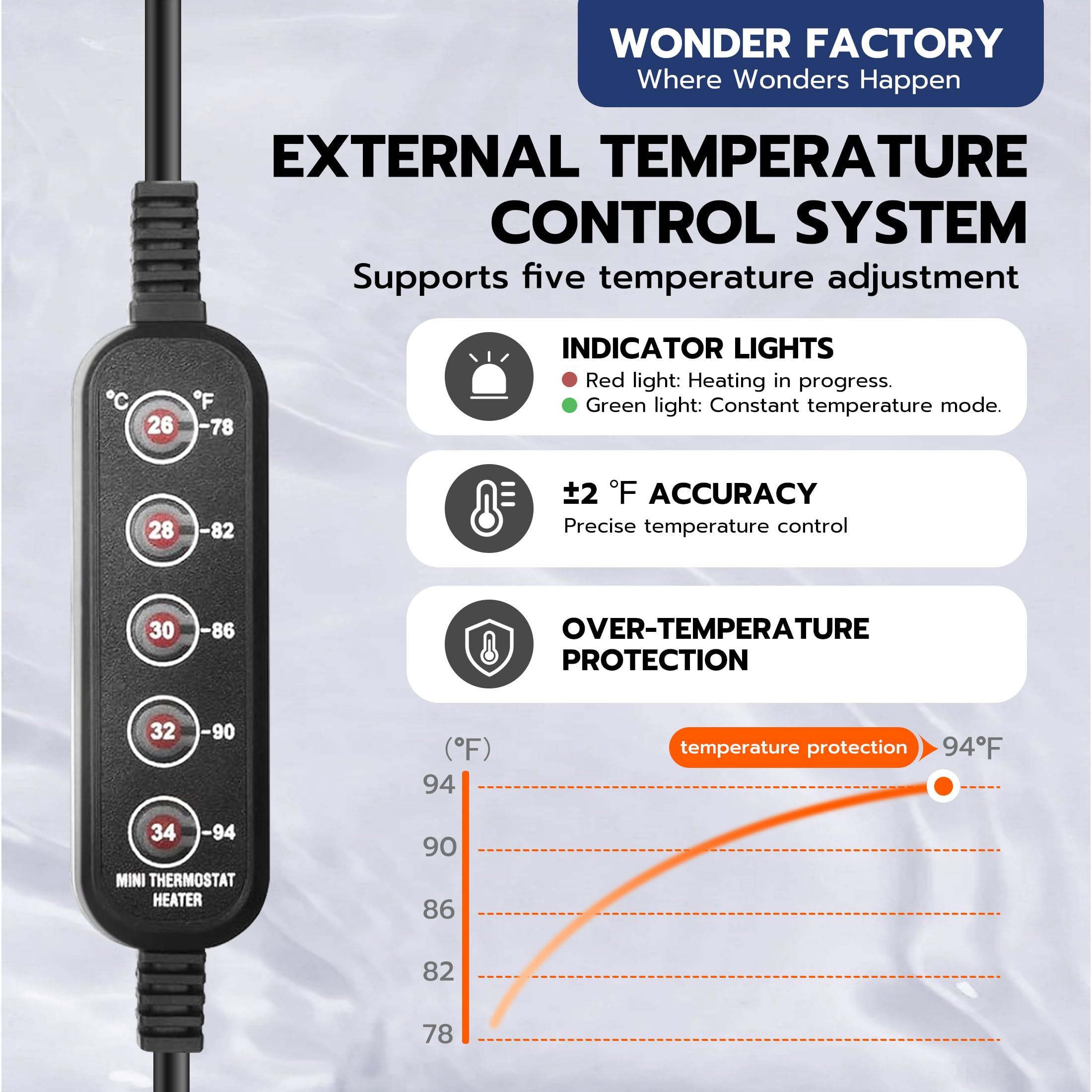 Wonderfactory 75W Aquarium Heater, 5 Temperature Modes for 5-15 Gallon Betta Fish Tank Heater, 78F Mini Submersible 5 Buttons Te