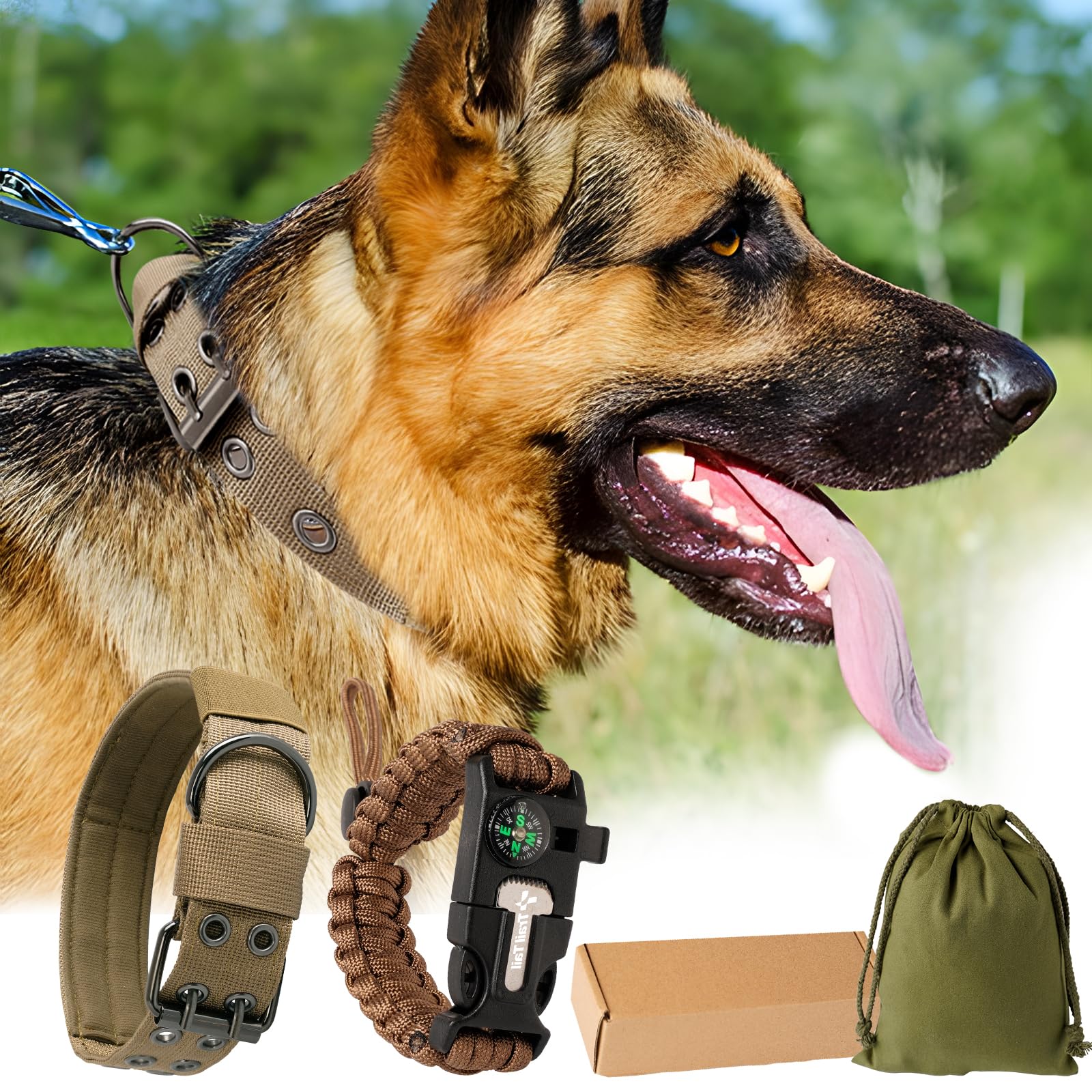 Tactical Paracord Dog Collar - Heavy Duty With Metal Buckles And Patches, Suitable German Shepherd, Pitbull, Rottweiler (Brown, 