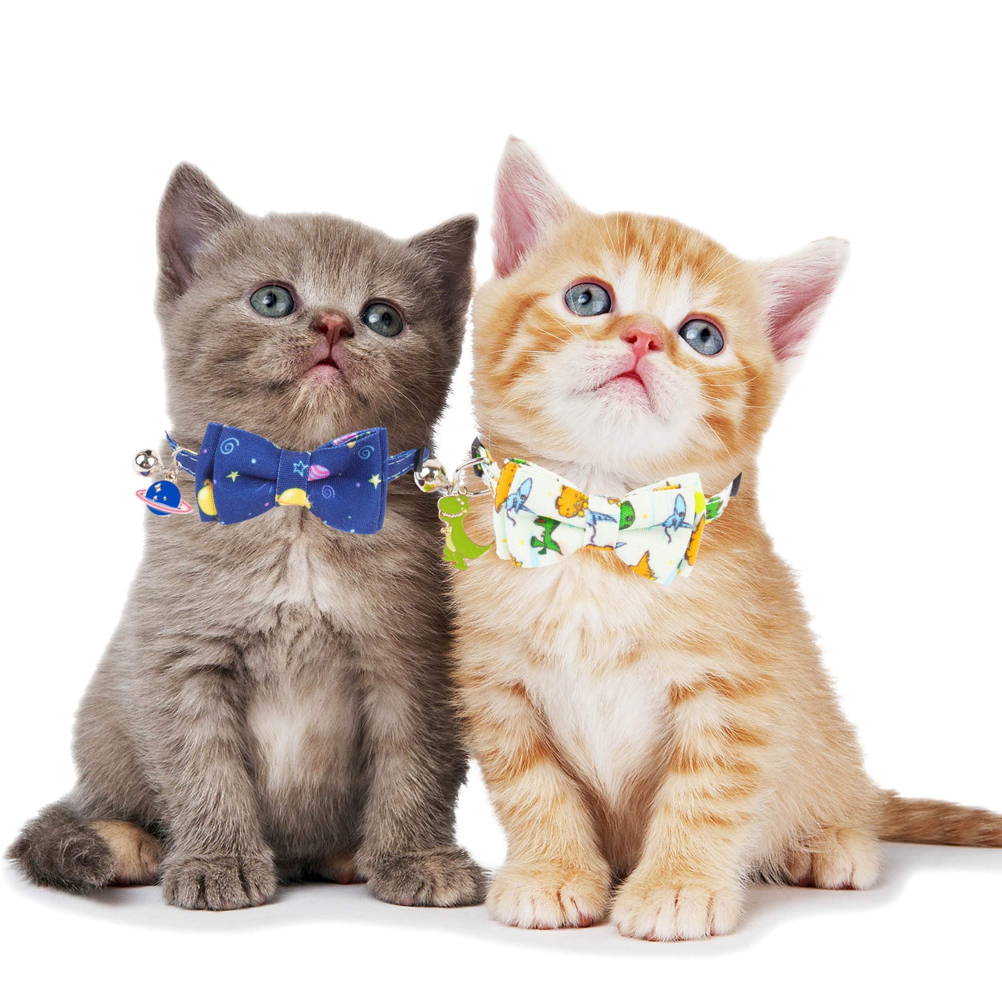 Adoggygo Cat Collar Breakaway With Cute Bow Tie Bell, 2 Pack Kitten Collar With Removable Bowtie, Universe Dinosaur Bowtie Colla