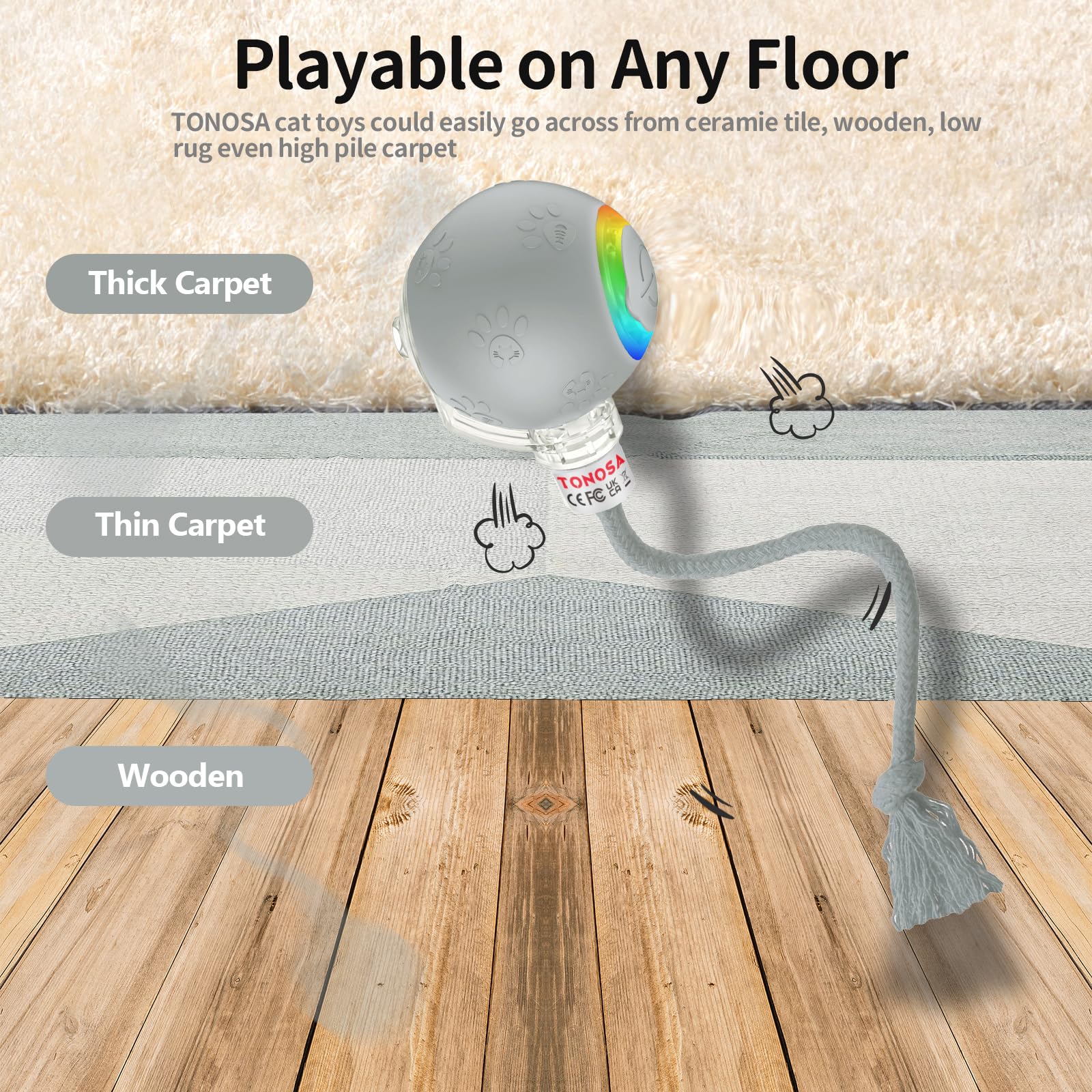 Tonosa Interactive Cat Toy - Automatic Led Light Ball, Rechargeable & Durable - Keeps Cats Active & Engaged - Ideal For Kittens