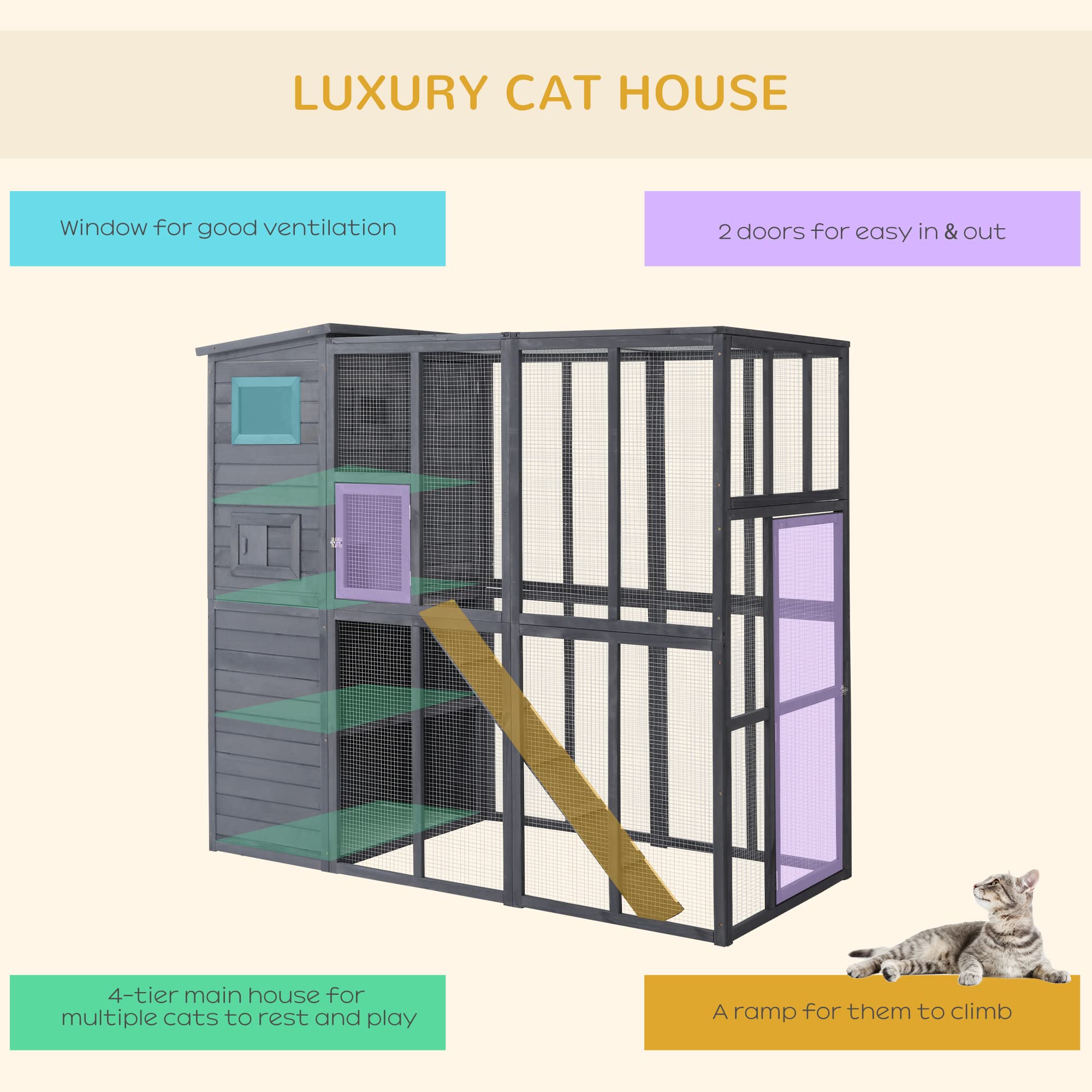 PawHut Large Cat House Outdoor Catio Wooden Feral Cat Shelter, Kitten Enclosure with Door, Cat Condo and Weather Protection Asph