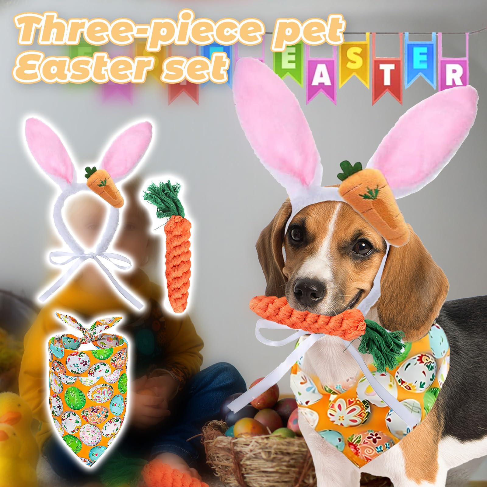 4 Pcs Easter Dog Bunny Costumes, Dog Bunny Ears Headband Easter Eggs Themed Pattern Bandana For Small Middle Dogs