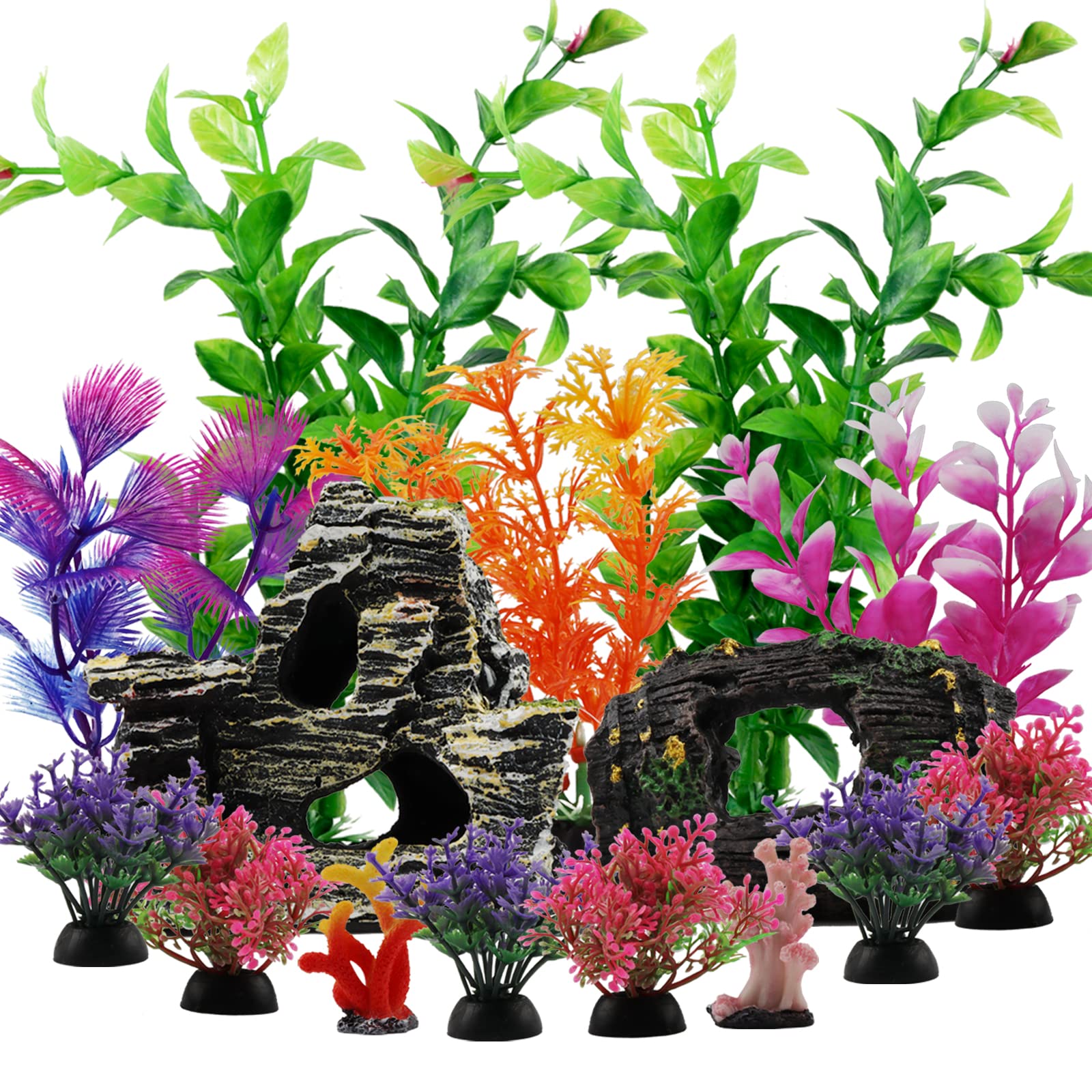 Pietypet Fish Tank Decorations Plants With Resin Broken Barrel And Cave Rock View, 15Pcs Aquarium Decorations Plants Plastic,Fis