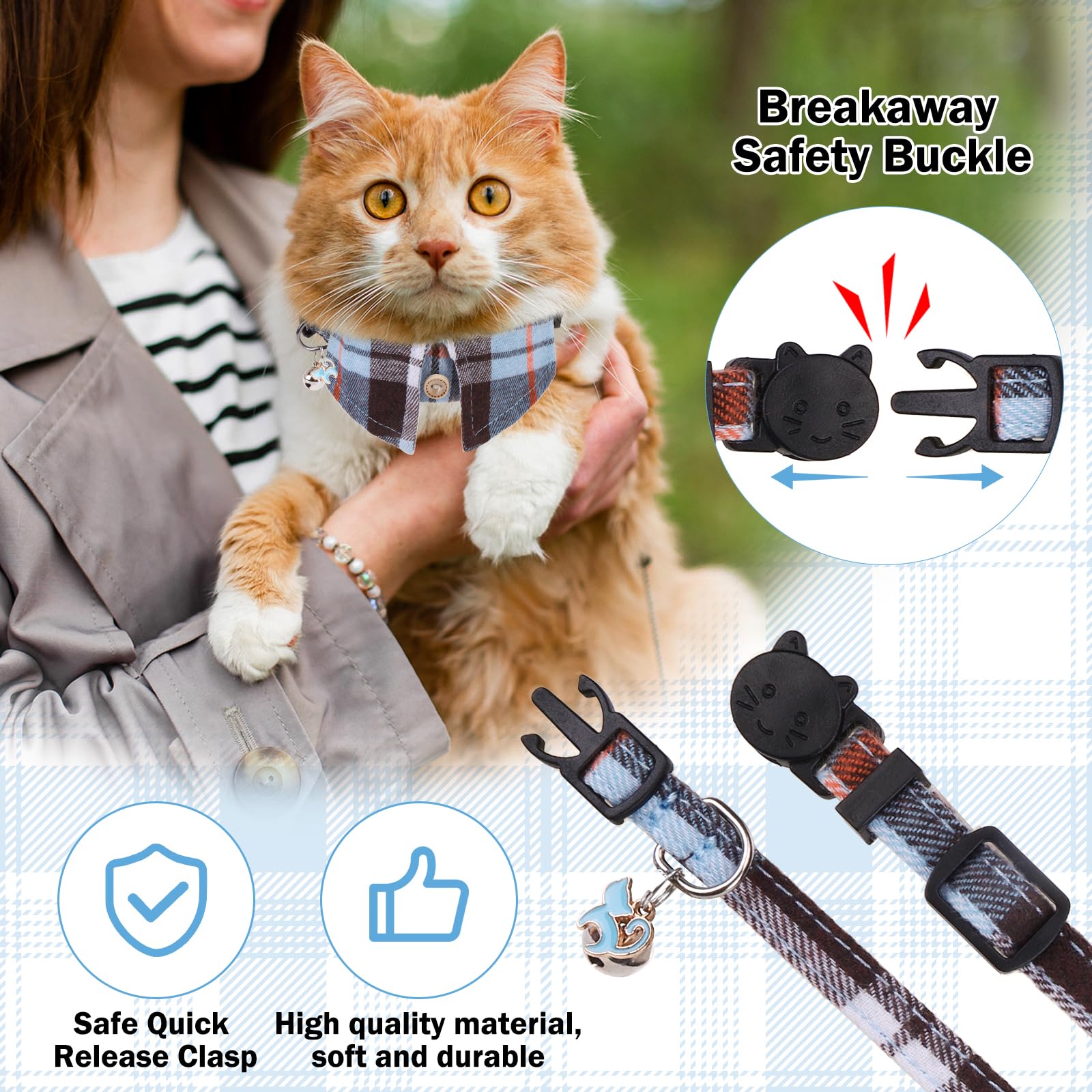 Dillybud Cat Collar With Bells Breakaway, Shirt Cat Collar For Girl Boy Cats With Removable Bow Tie Collar, 2 Pack Cute Plaid Ki