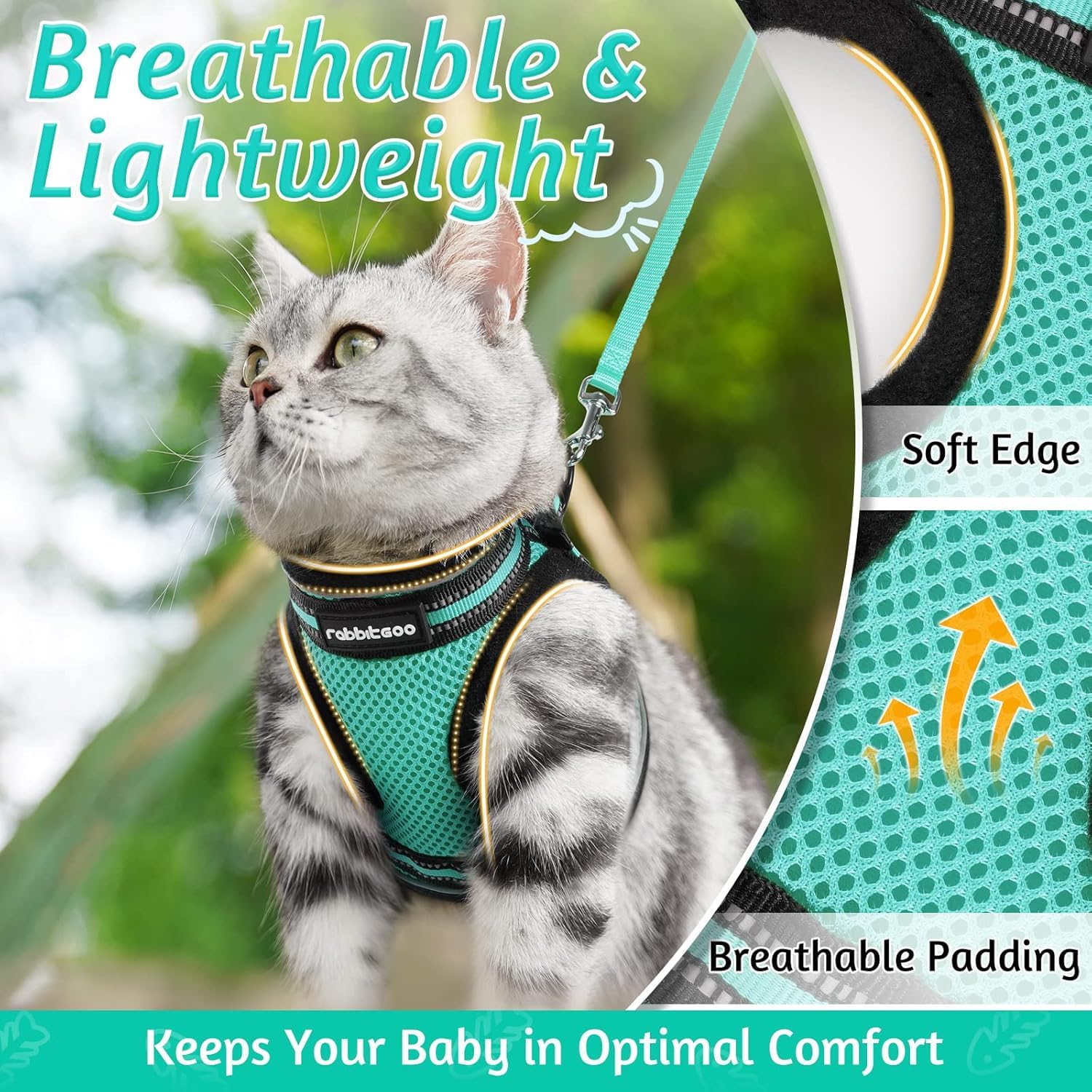 Rabbitgoo Cat Harness And Leash Set For Walking Escape Proof, Adjustable Soft Kittens Vest With Reflective Strip For Cats, Comfortable Outdoor Vest, Green, Xl