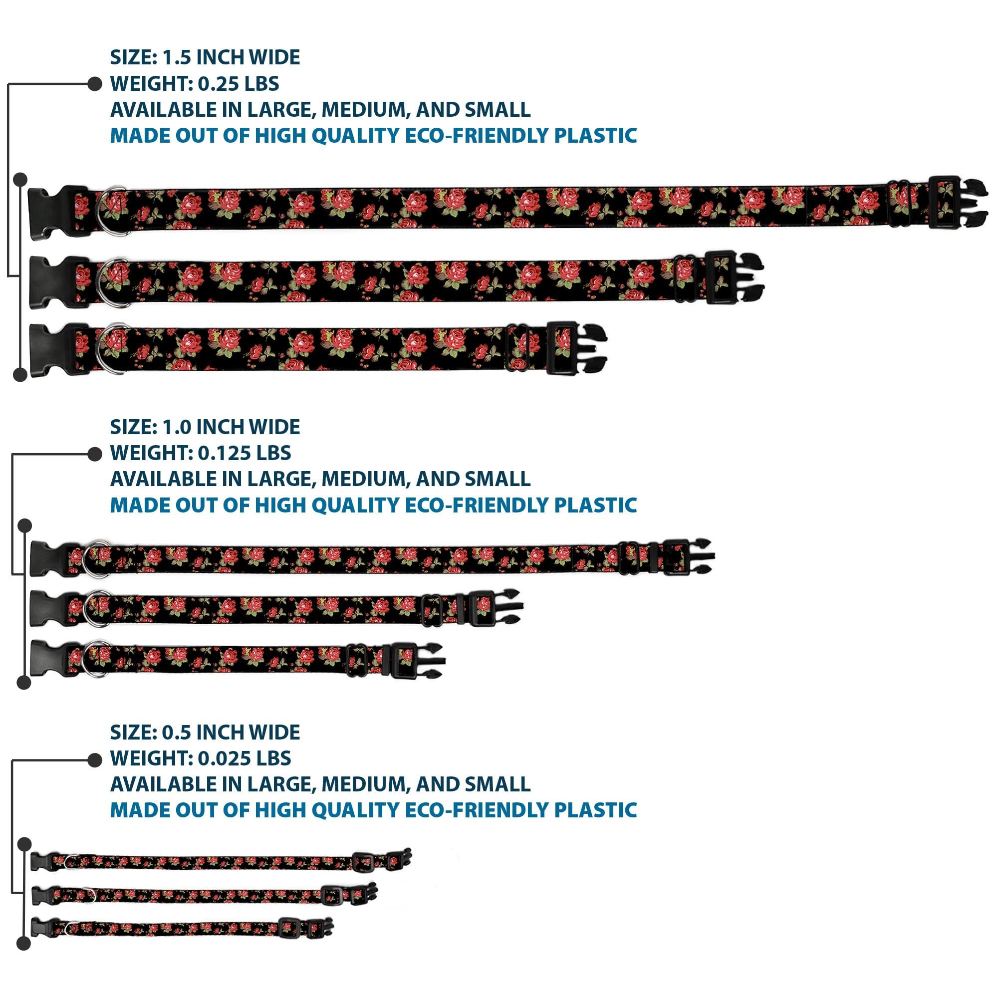 Buckle-Down Plastic Clip Collar - Red Roses Scattered Black - 1/2'' Wide - Fits 9-15'' Neck - Large