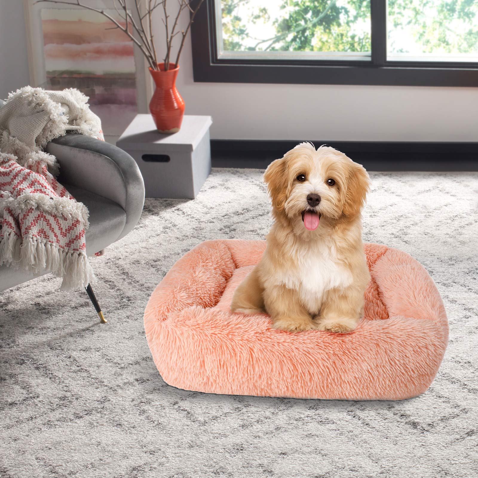 Lucky Monet Large Dog Bed 31.5 X 27.6, Fluffy Calming Cat Bed, Washable With Sides, Soft Crate For Sleeping (L, Pink)