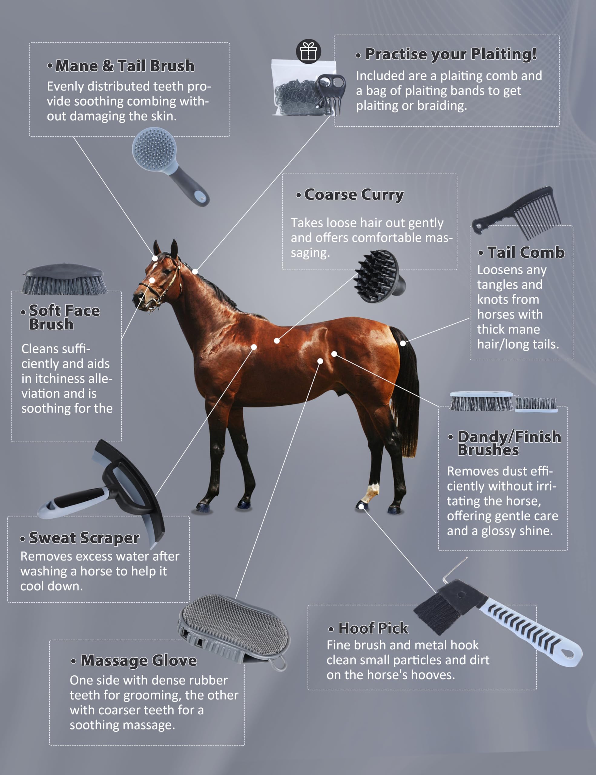 Harrison Howard Horse Grooming Kit 9-Piece Equine Care Series Horse Brush Sets With Organizer Tote Bag Black