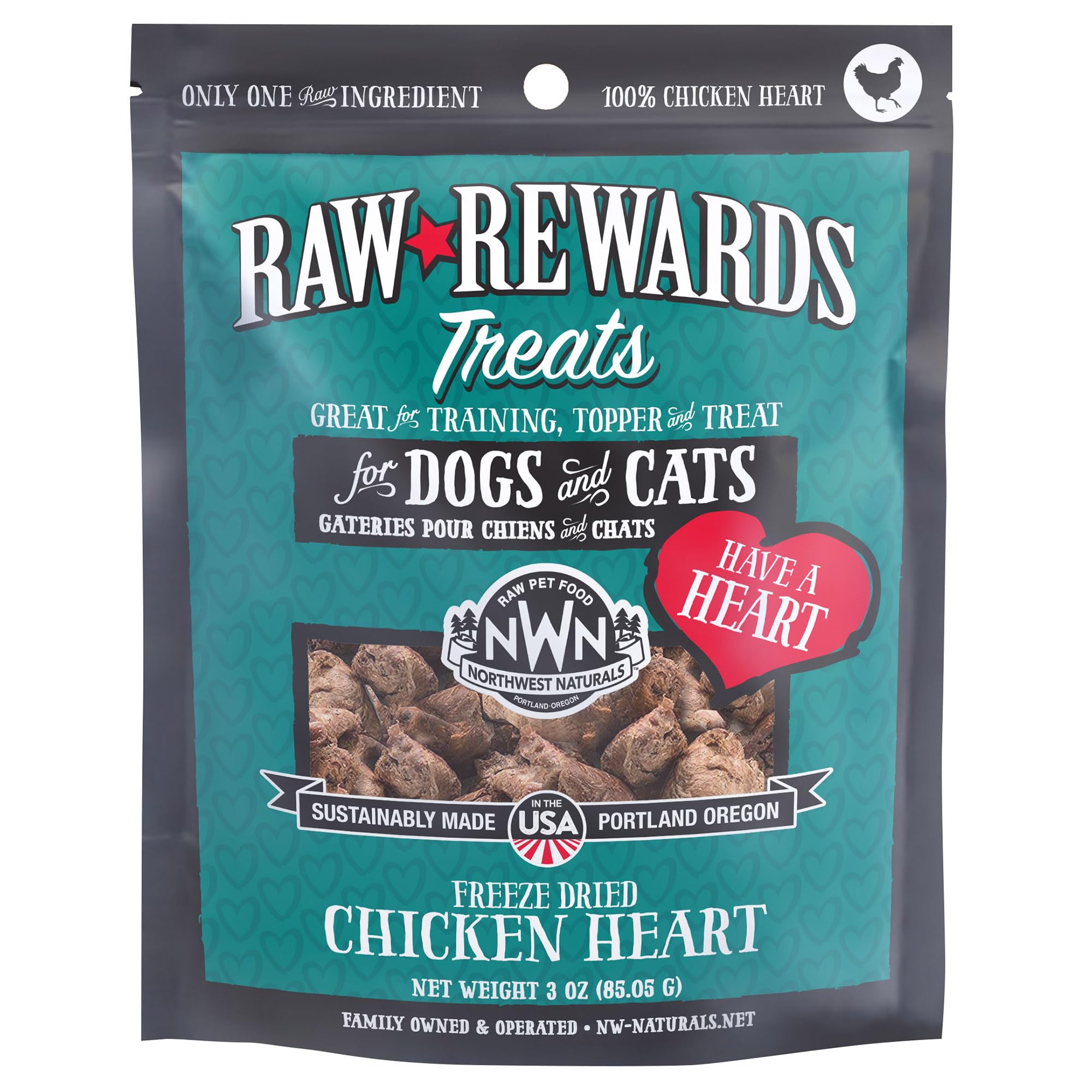 Northwest Naturals Raw Rewards Freeze-Dried Chicken Heart Treats for Dogs and Cats - Bite-Sized Pieces - Healthy, 1 Ingredient, 