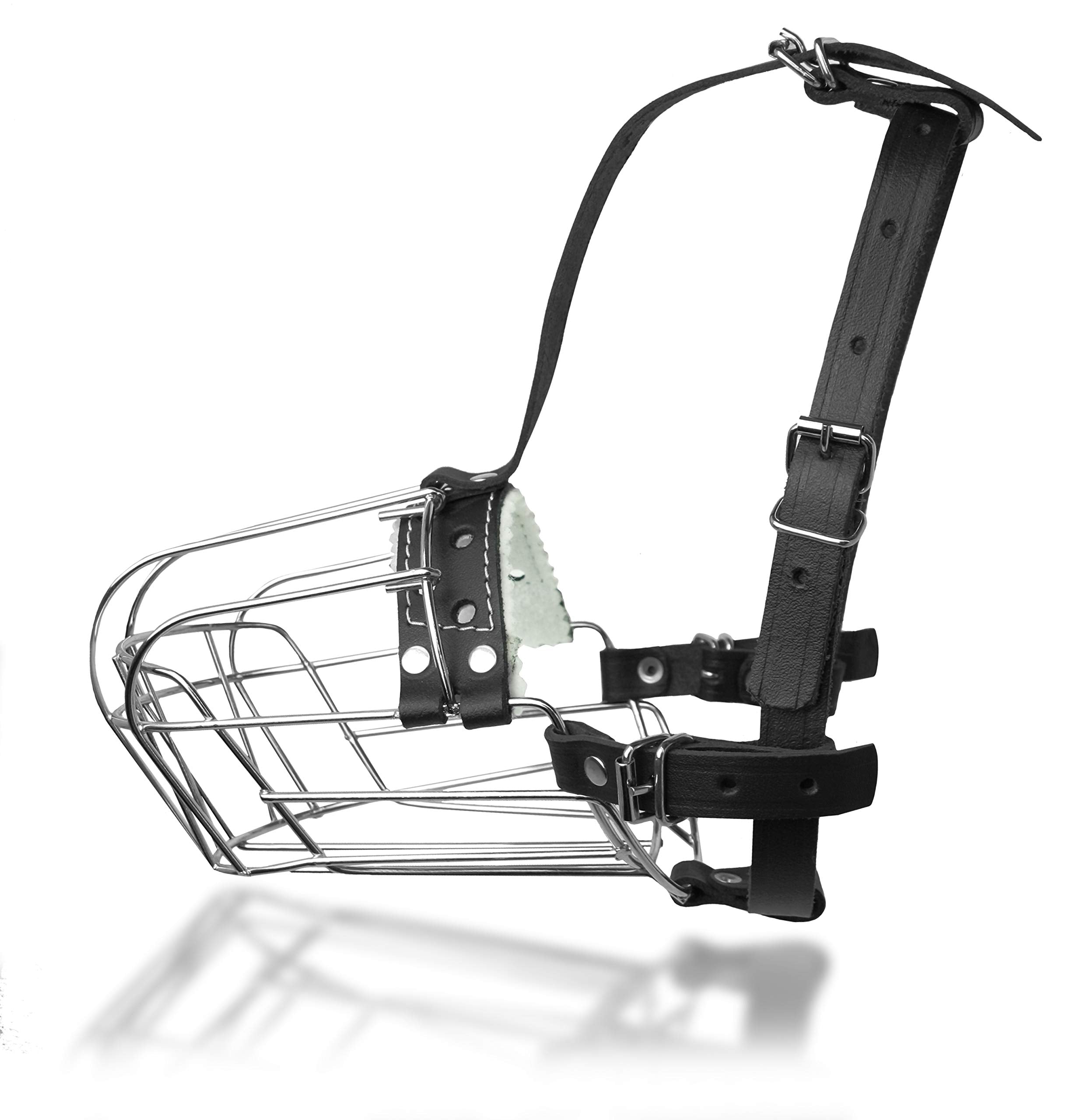 Dog Chrome Metal Muzzles Wire Basket Adjustable Leather Straps (?3+) Snout Circumference Is 9.4-10.2 In, Length Is 3.5-4.1 In