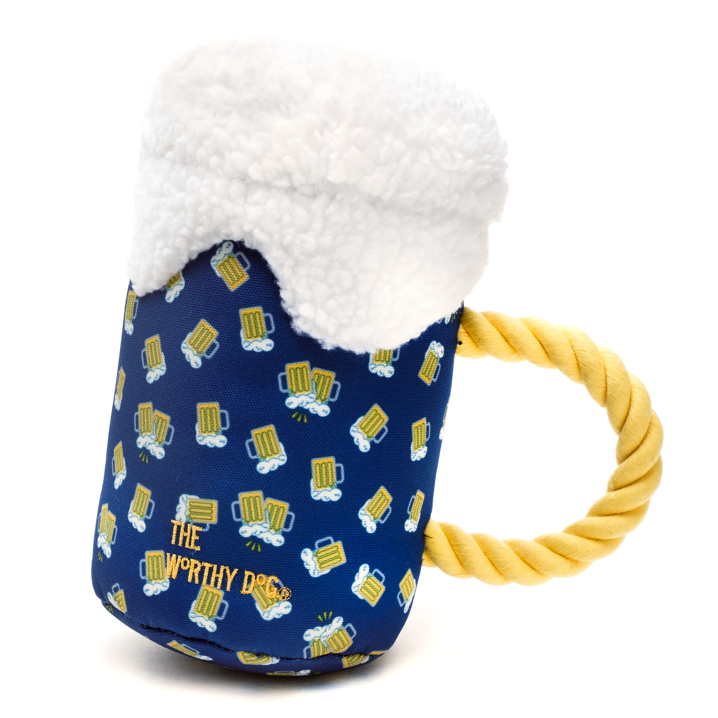 The Worthy Dog Cheers! Chew Toy Navy/White/Yellow, Fun Fetch Play With Squeaker For Dogs Durable Material For Aggressive Chewers-Small