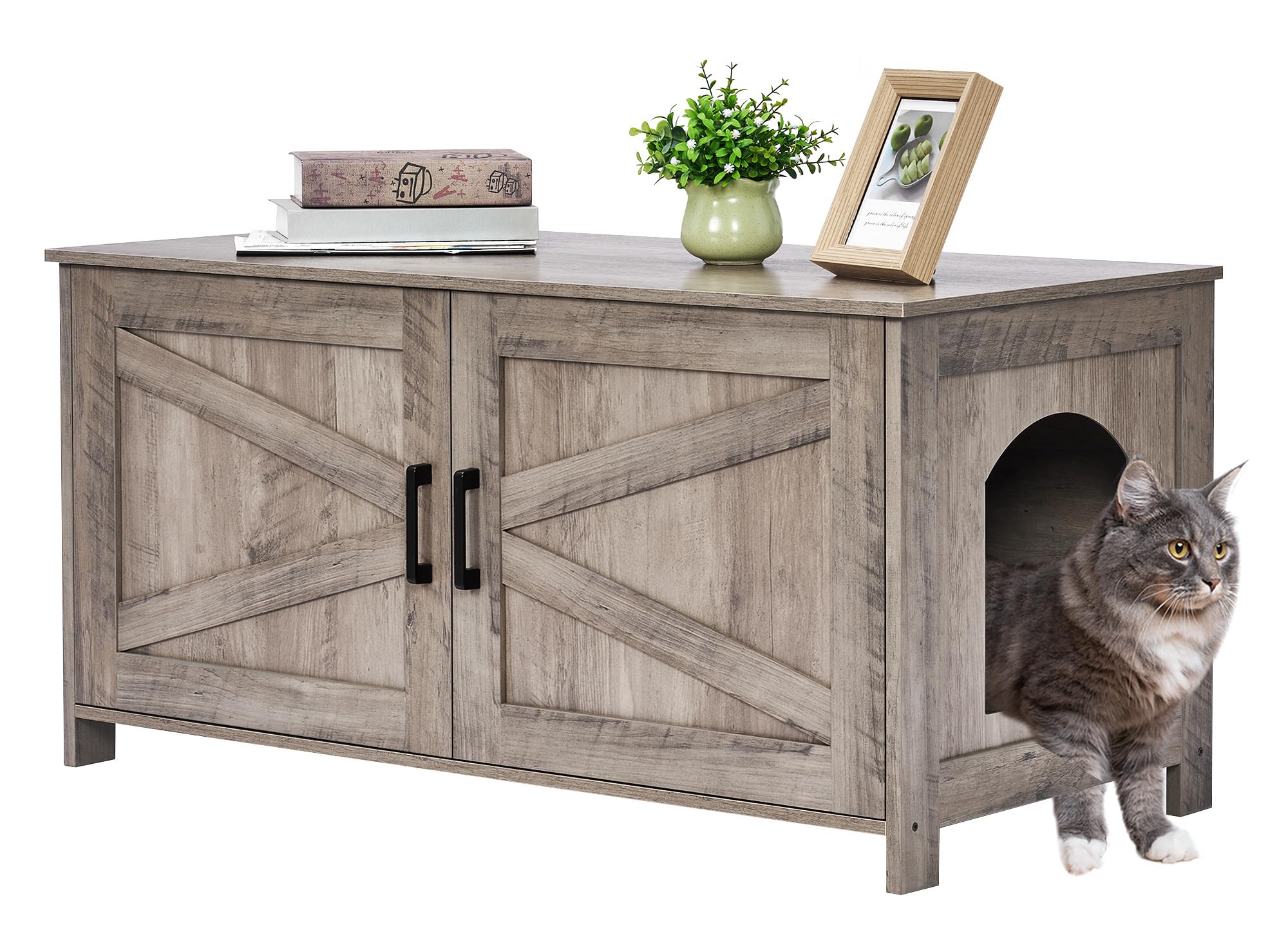 Homhedy 39.4'' L Cat Litter Box Enclosure, Pet House With Barn Door, Wooden Cat Washroom Furniture, Fit Most Of Litter Box, Grei