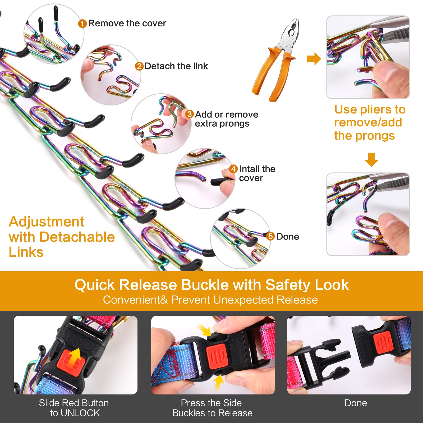 Prong Training Collar With Nylon Cover Comfort Tips and Quick Release Snap Buckle, Classic Collar and Leash for Small Medium Lar