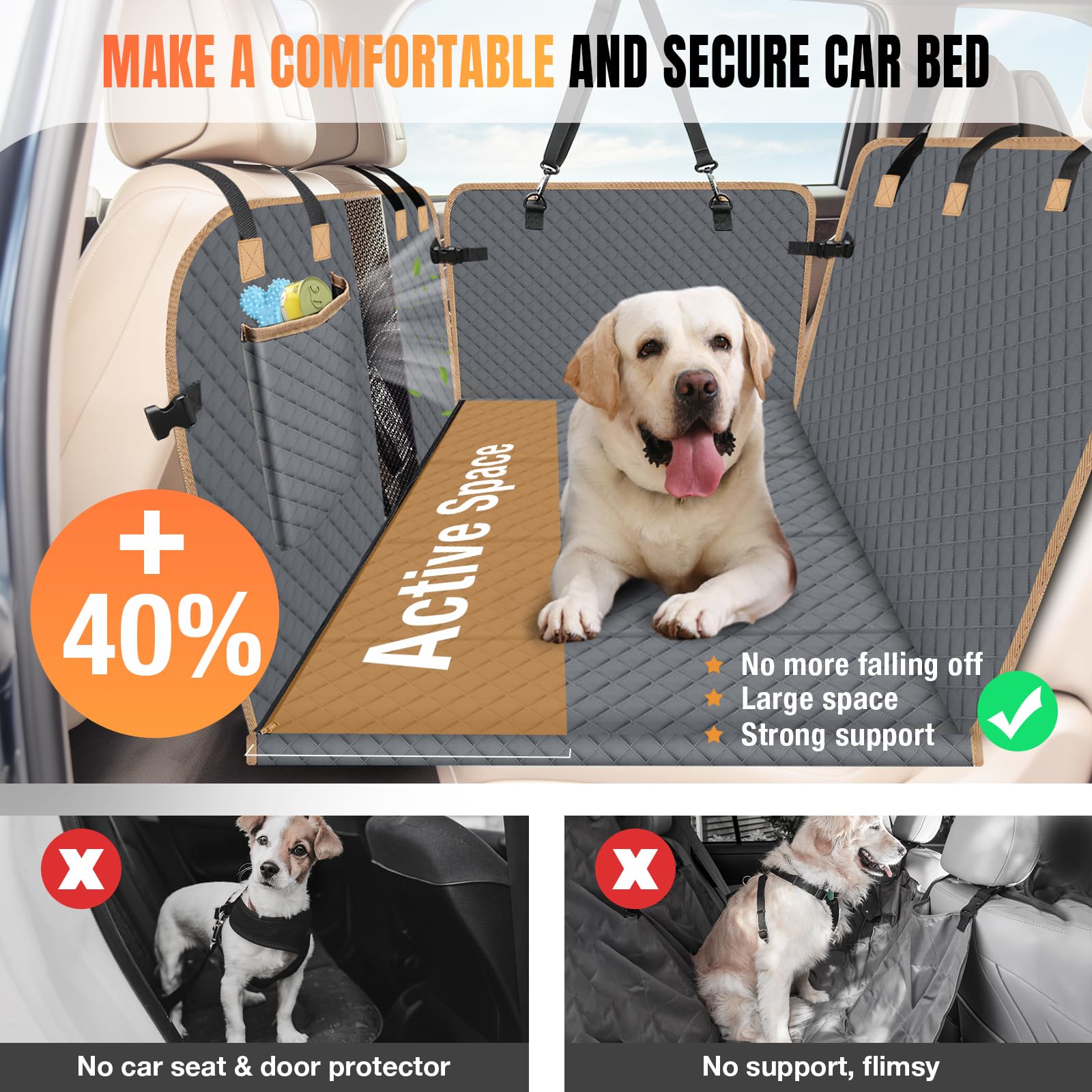 Lekespring Dog Car Seat Cover For Back Seat, Gray, Universal Fit, Polyester, Car, Truck, Suv, Van, Automotive Pet Seat Cover Com