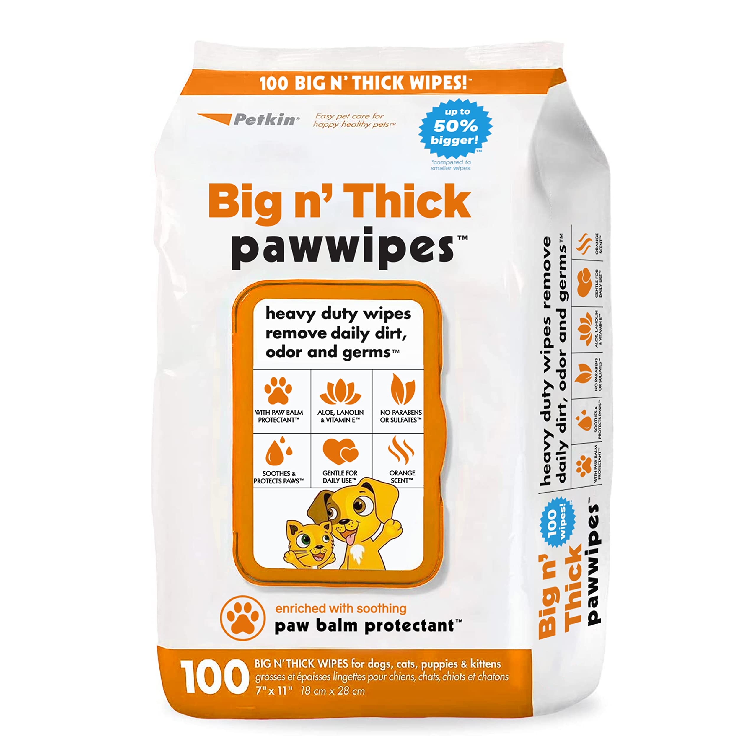 Petkin Big N' Thick Paw Wipes For Dogs, 100 Large Wipes - Clean Dirty Paws After Muddy Walks, With Paw Balm Protectant - Keep Fl